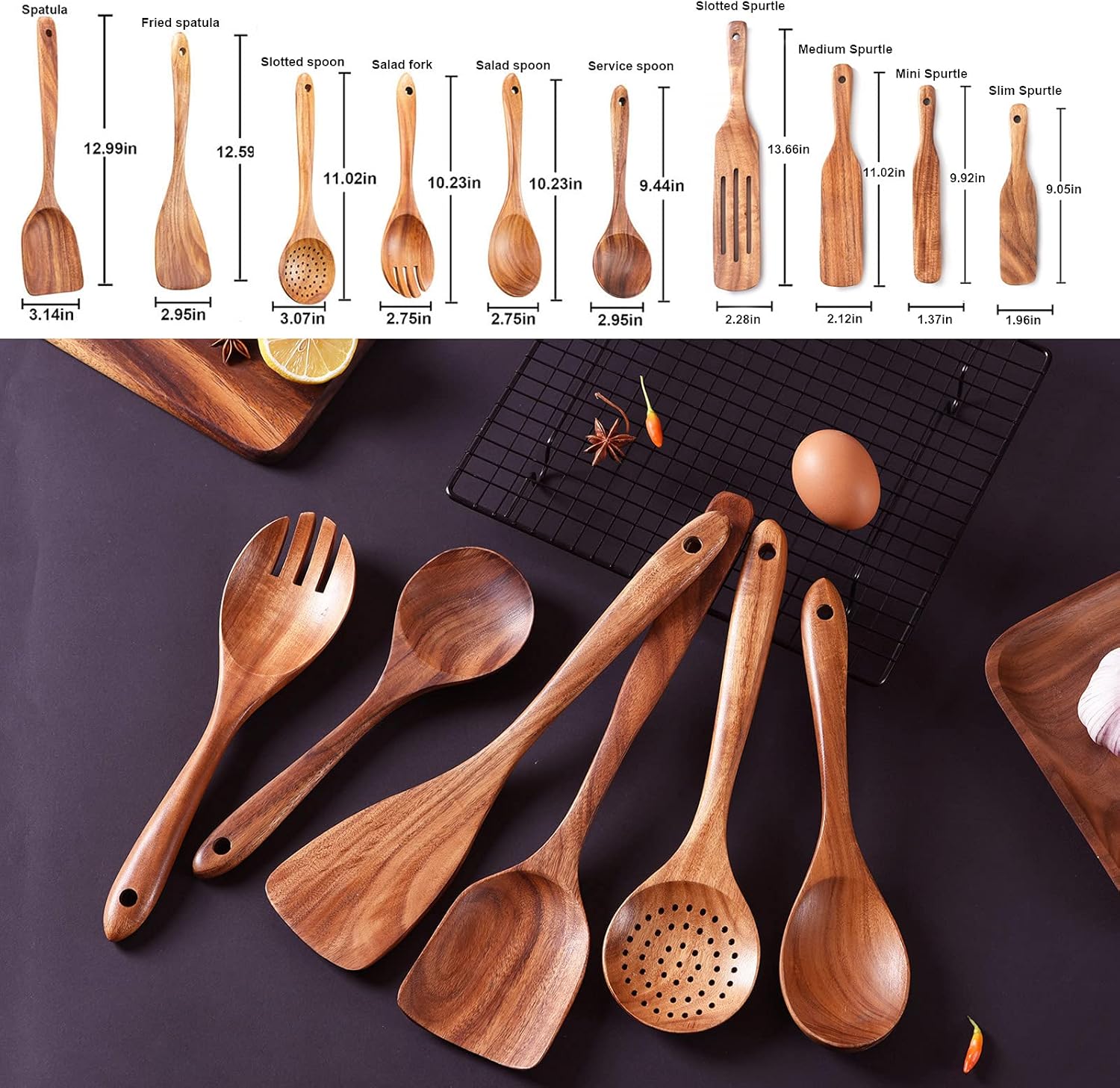 Wooden Spoons for Cooking,GUDAMAYE 10 PCS Wooden Kitchen Utensils Set,Wooden Cooking Utensils For Non-stick Pan,Teak Wood Utensils Set,Spurtles Kitchen Tools As Seen On Tv - Image 3