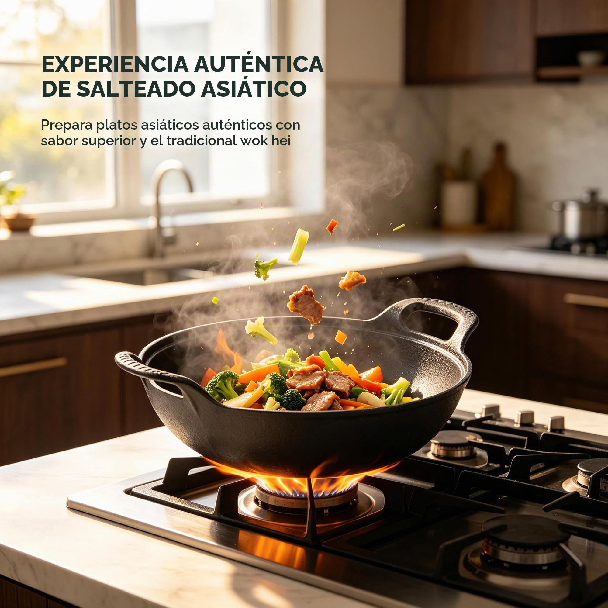 Sartén Wok con Tapa, Wok de Hierro Fundido con 2 asas, Tapa de Madera, sartén con Base Plana, sin Revestimiento, para saltear, Parrilla, Vapor, auténtica Comida China (20cm)