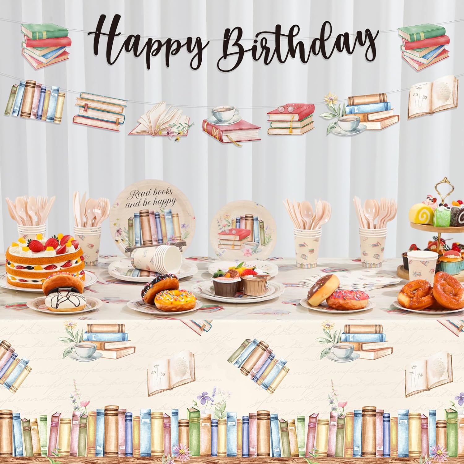 Zhehao 172 Pcs Book Themed Birthday Decorations 24 Set Book Birthday Party Tableware Included Disposable Tablecloths Plates Cups Napkins Banners Cutlery for Library Reading Storybook Party Decor