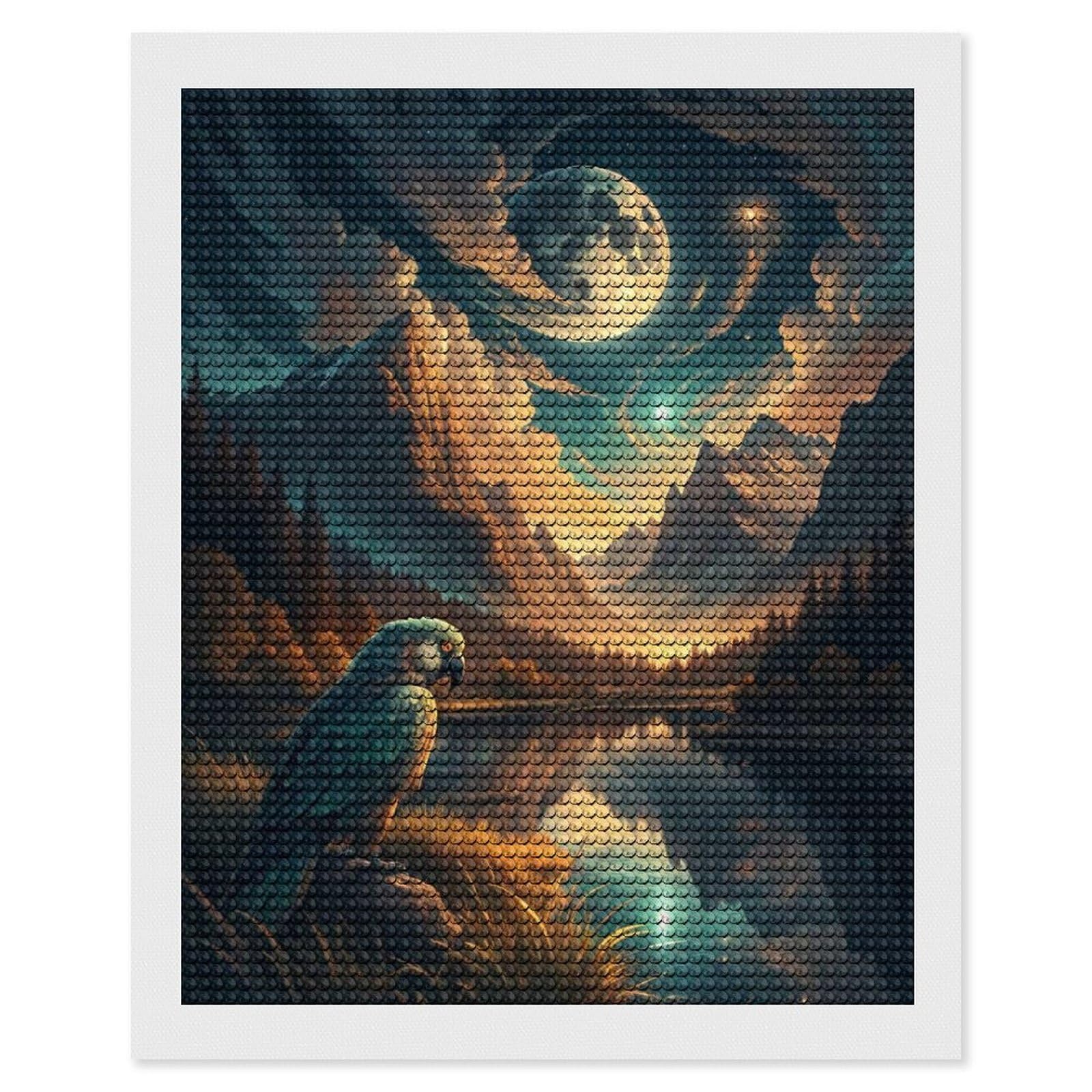 Junmoney Parrot by Moonlit Mountain Lake Diamond Painting Canvas Set 16"x20", for Beginners, Complete Accessories, Christmas Gift, Modern Decor