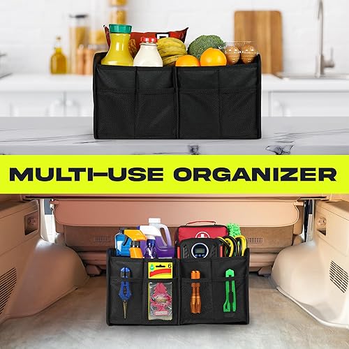 Vista 5 de FORTEM Organizador de maletero de automóvil, organizador plegable de dos compartimentos, almacenamiento plegable para SUV y camión para accesorios