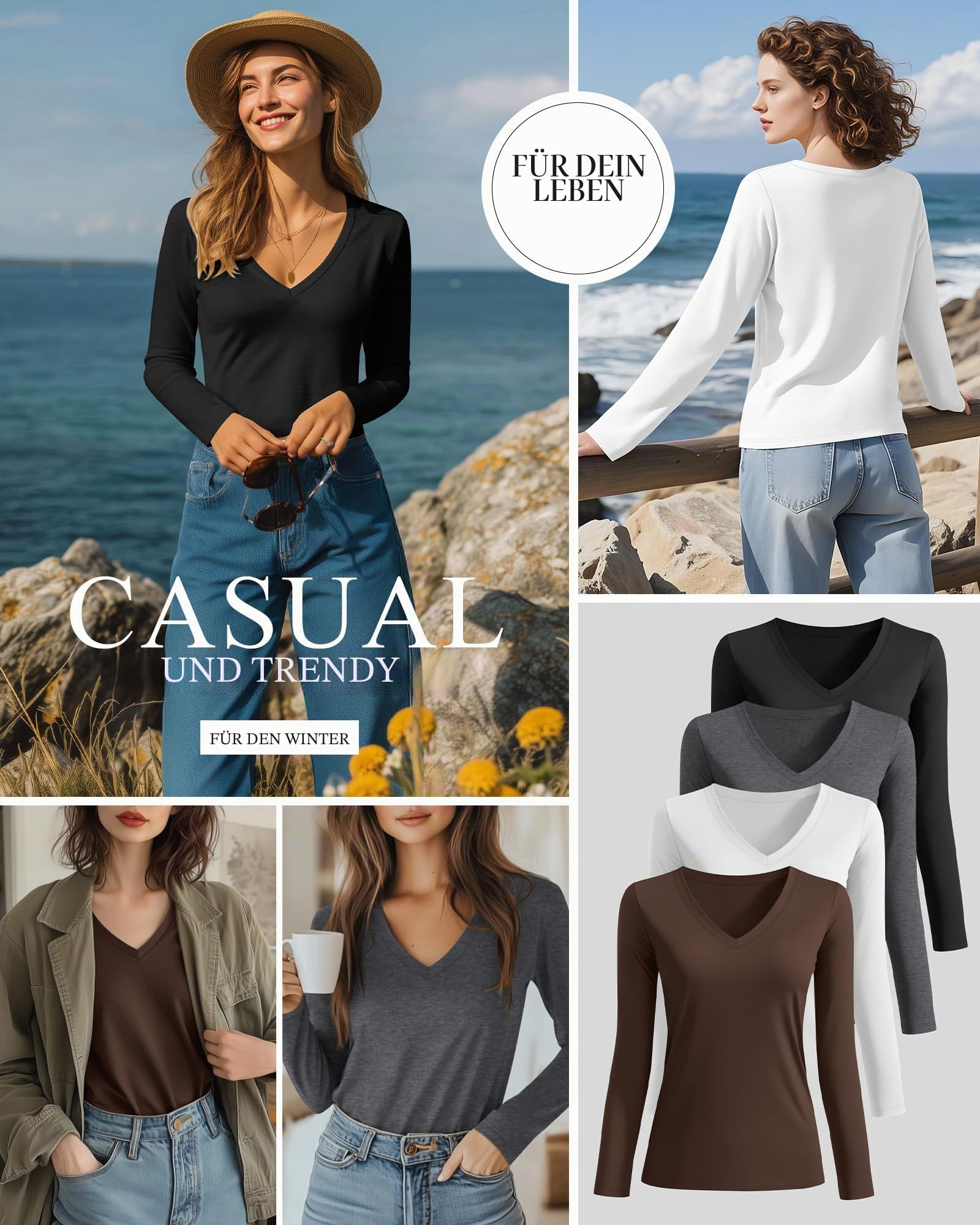 Neer 4er-Pack Damen-T-Shirts mit V-Ausschnitt, Langen Ärmeln, Lässige Oberteile, Lockere Passform, Basic Gerader Saum Tees