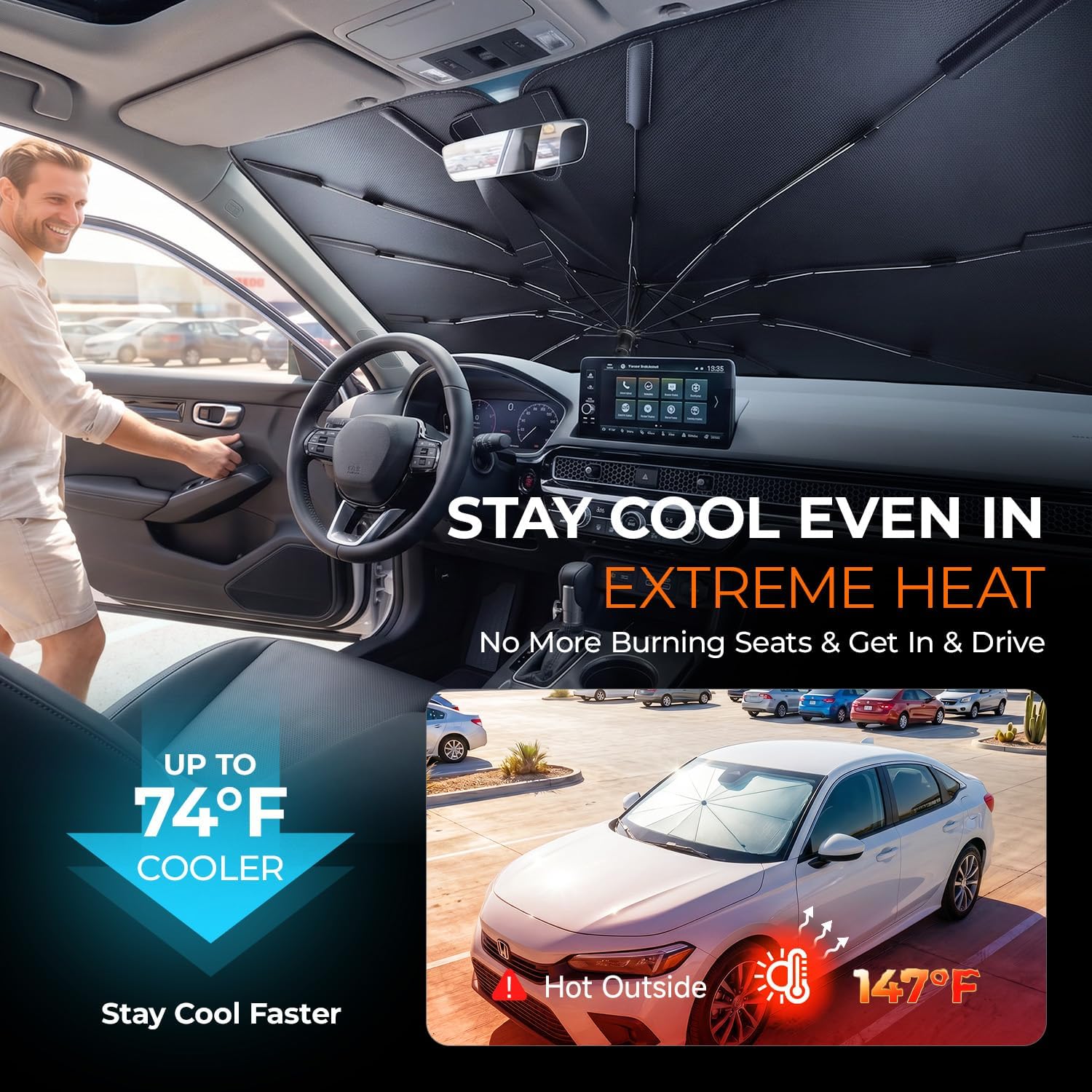 [2026 Upgraded] DooGooCoo Windshield Sun Shade Umbrella for Honda Civic 2022-2025 2026 [100% Sunlight Blocked, Cooling Ice Crystal] Sunshade for Car Windshield for Civic Sun Shade, Custom Fit Civic.
