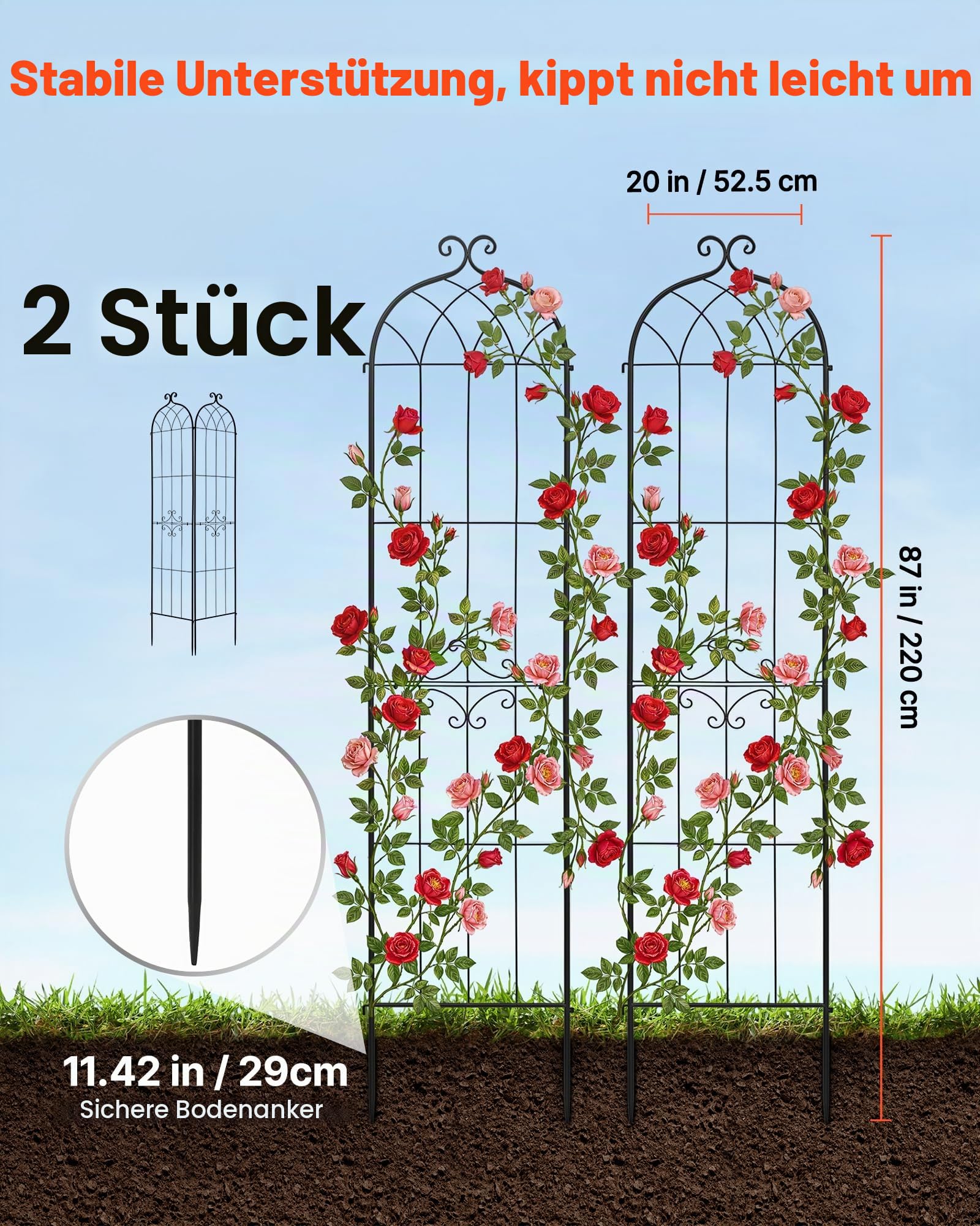 VEVOR Rankgitter, 220x52,5 cm 2er-Pack, Metall Rankhilfe mit Pulverbeschichteter Oberfläche & Verriegelungsmechanismus, Kletterhilfe, Garten Spalier, Pflanzengitter für Blumen, Gemüse & Rosen