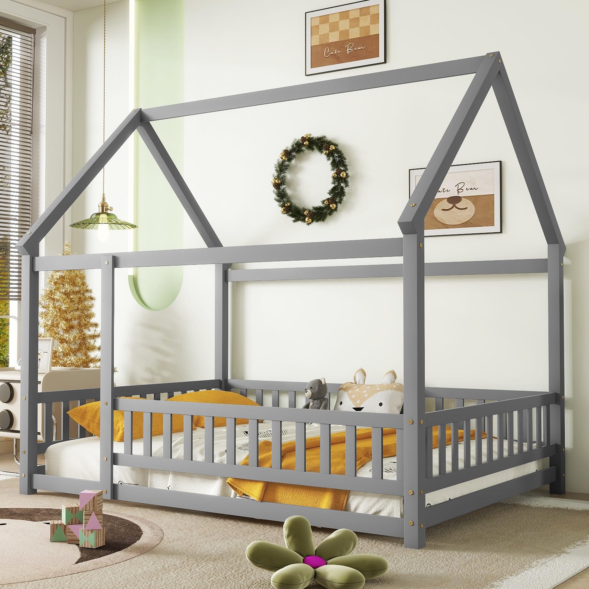 Twin Size House Floor Bed Wooden Montessori Bed with Fence and Roof for Kids Playhouse Style Bed Frame for Girls Boys Teens, Gray