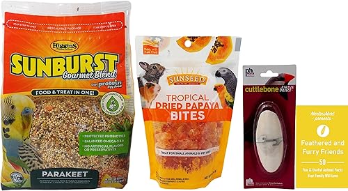 Miniatura 1 de Higgins Sunburst - Alimento para periquito (2 libras) con golosinas de papaya Sunseed (5 onzas), paquete de folleto de Cuttlebone y Fun Animal Facts