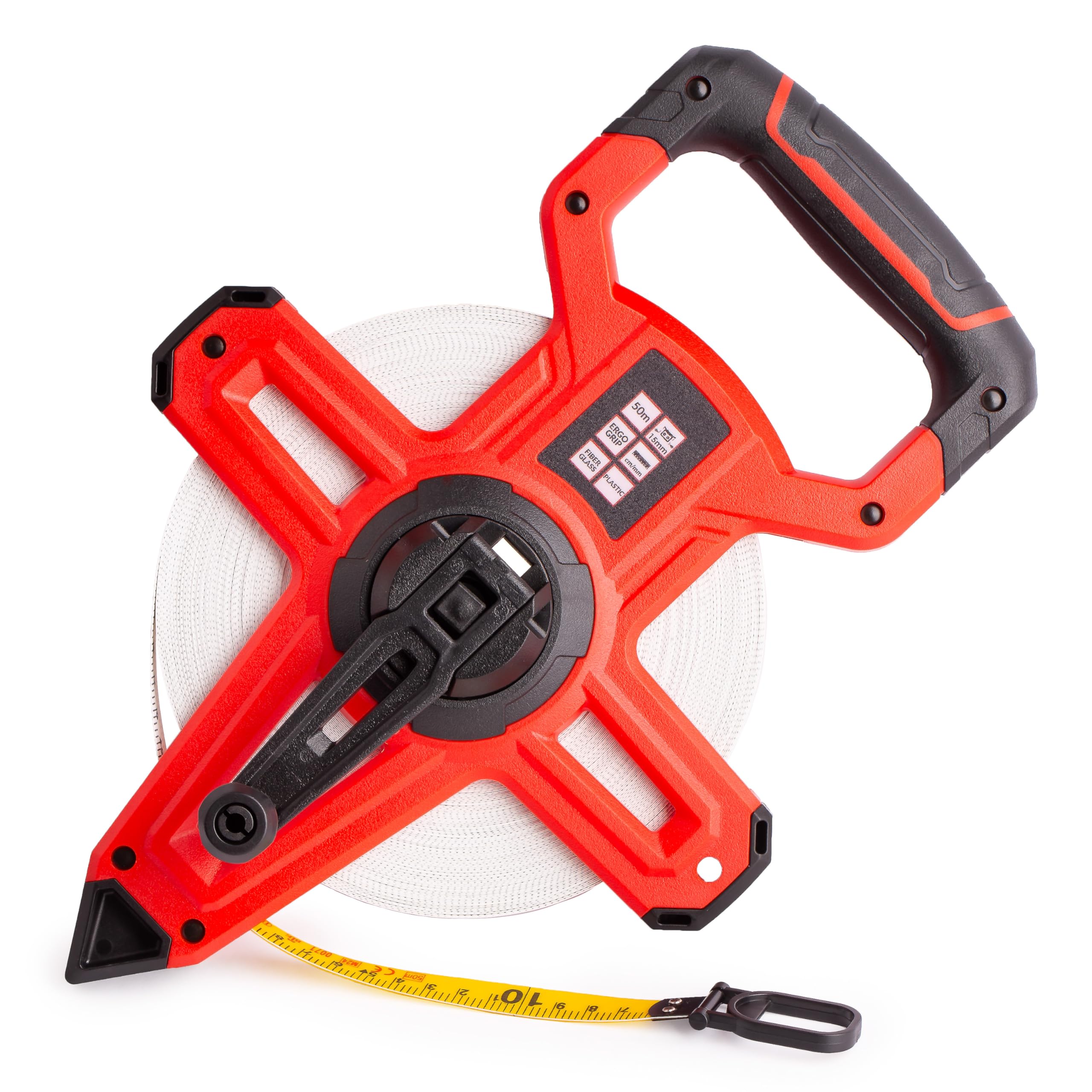 MIVOS Rollo abierto de cinta métrica 50m x 15mm - Cinta métrica de fibra de vidrio - Escala - Alimentación rápida de cinta - Carcasa de plástico ABS - Cinta métrica ergonómica y antideslizante