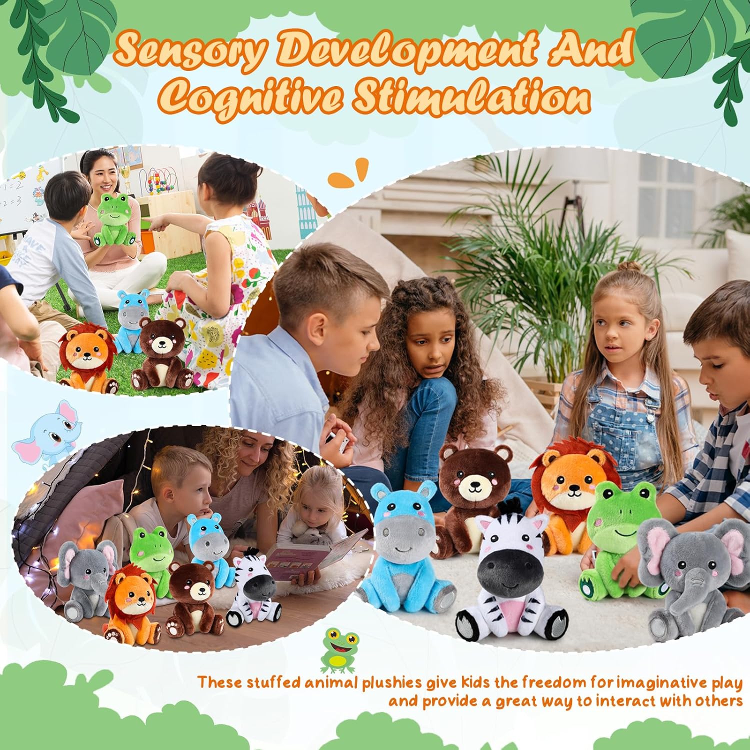 6 Pcs Forest Animals Toys 7 Inch Zebra Lion Hippo Bear Elephant Frog Large Stuffed Animals Bulk for Woodland Baby Showers Party Decor Birthday Gifts Classroom Teacher Student Awards