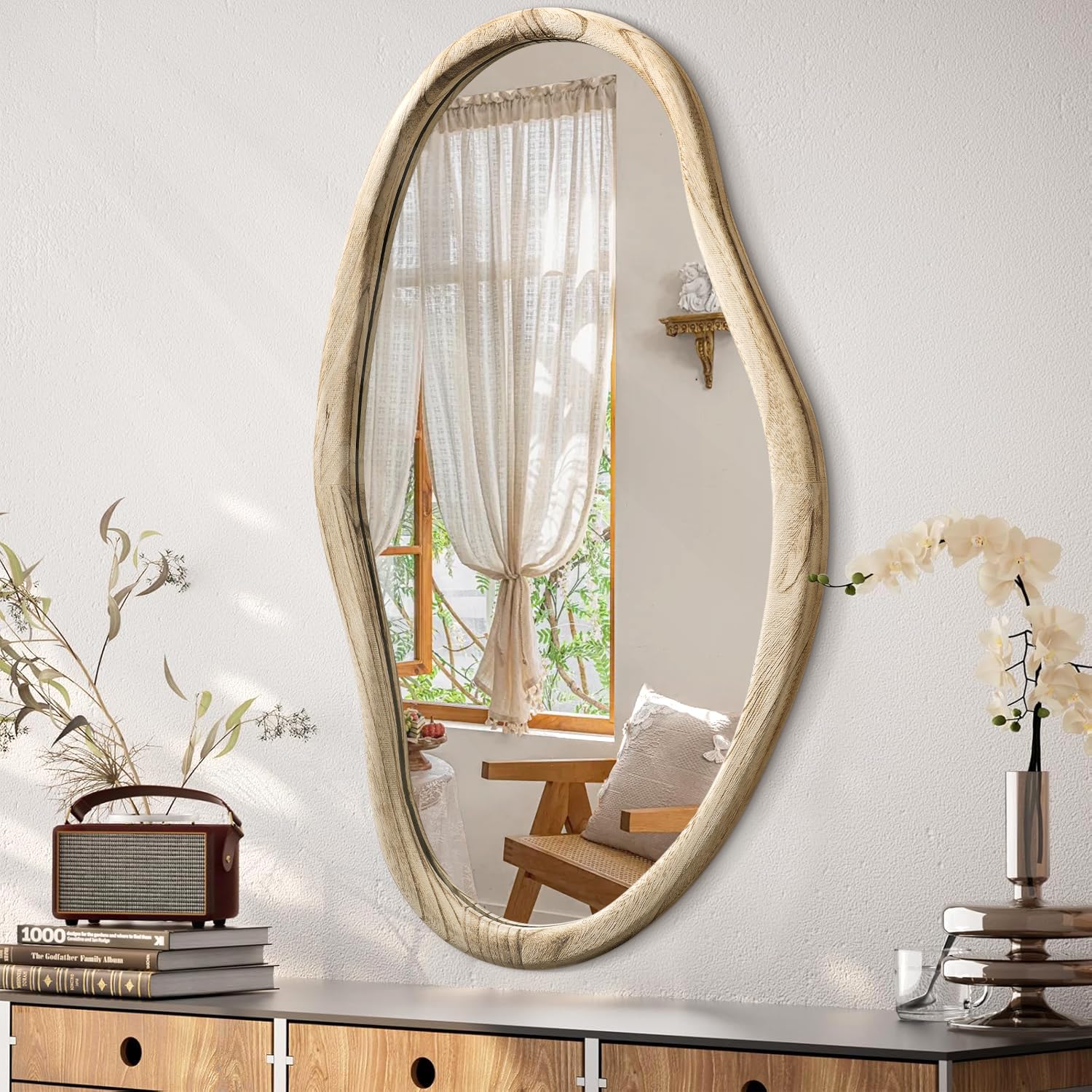 JJUUYOU Irregular Wood Mirror Asymmetrical Bathroom Wall Mounted Mirror 90x60cm Large Horizontal or Vertical Hanging Wall Mirrors for Makeup Bedroom Living Room Wood