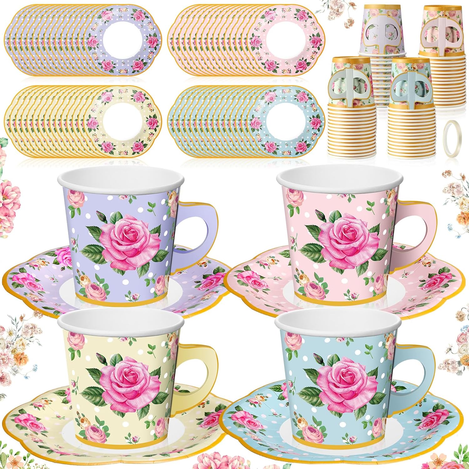 Umigy 60 Sets Spring Tea Party Decorations 6.5 oz Floral Paper Teacups & Saucer Set for Girls Women Afternoon Tea Parties Mothers Day Bridal Shower Wedding Birthday Party Decorations(Mixed Color)