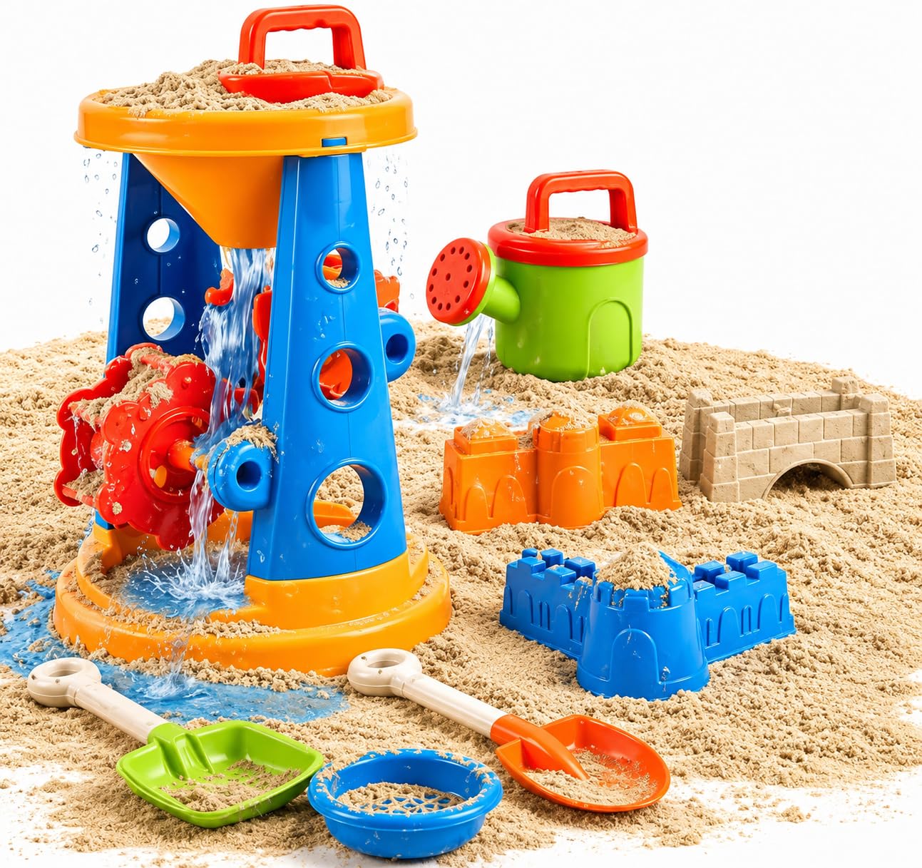 TK Gruppe Timo Klingler Sandpit Toy Set - Various Shapes, Sieves, Rake, Sandpit Shovel and Sand Cups for Boys and Girls (9 Pieces with Mill)