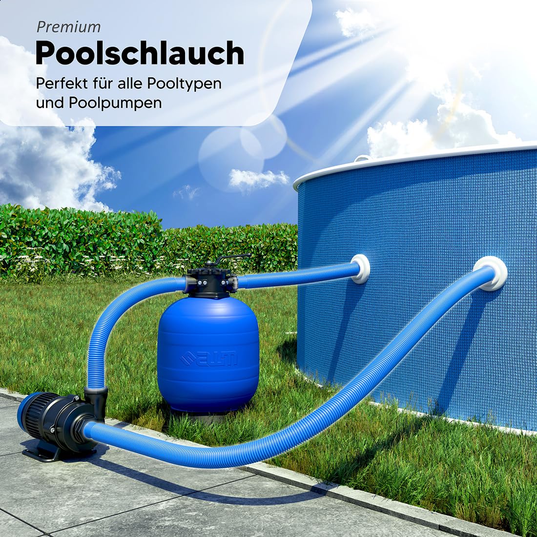 Schwimmbadschlauch Ø 32mm Saugschlauch Poolschlauch Solarschlauch Pumpenschlauch mit Muffen Made in Germany (18 m, Blau)