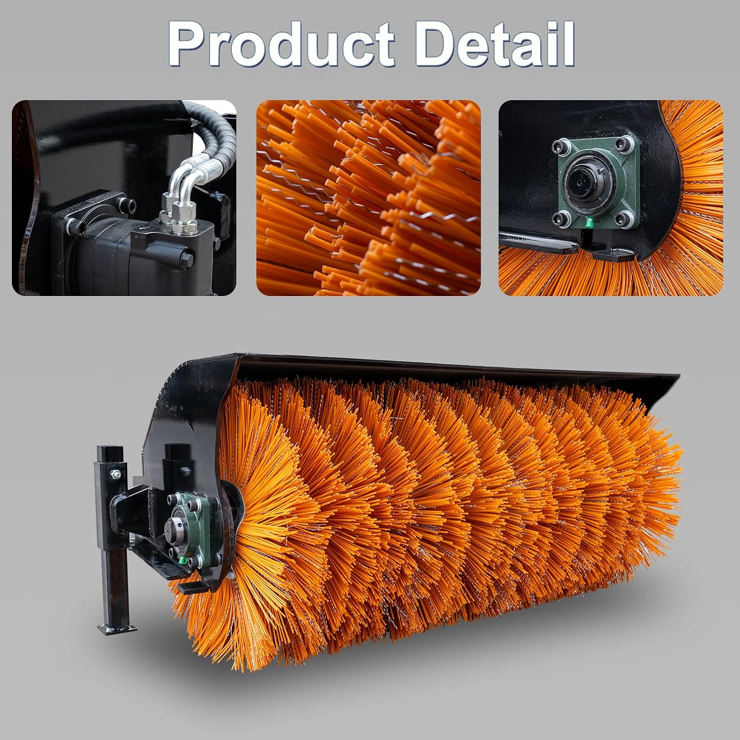 MIVA 61’’ Hydraulic Broom Sweeper Attachments for Skid Steer Loader over 800kg, Left and Right Tilt 18° Angle Sweeper with 38 Pcs Detachable Bristles, Clean snow, dust, gravel, leaves, Debris and Dirt