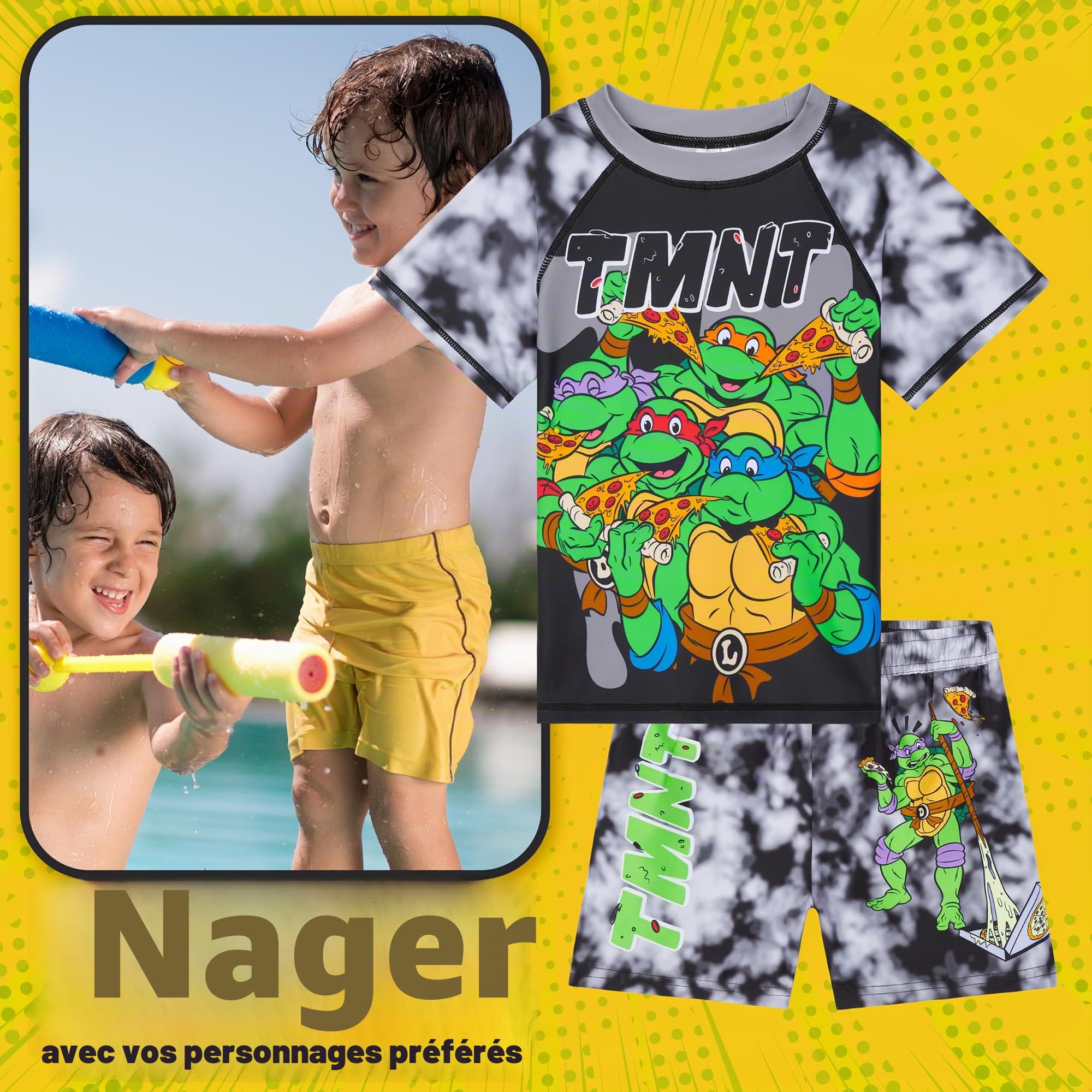Teenage Mutant Ninja Turtles Maillot de Bain Garcon 2 Pcs avec Short de Bain Rash Vest pour Garçons pour Natation Plage Voyage Cadeau Enfant