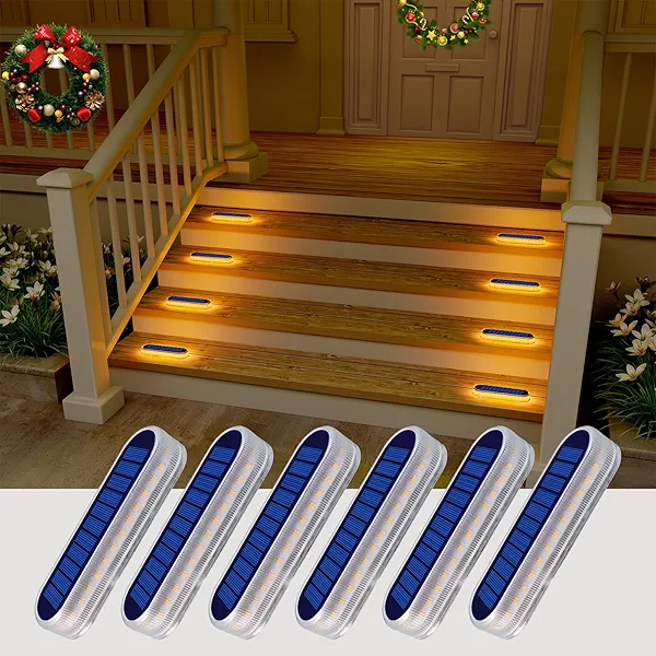 DetarZinLED Solar Deck Lights, 6 Pack Waterproof LED Path Lights, Outdoor Solar Step Lights, Solar Powered Light Bar for Stairs, Driveway, Walkway, Pathway, Dock, Porch, Warm White