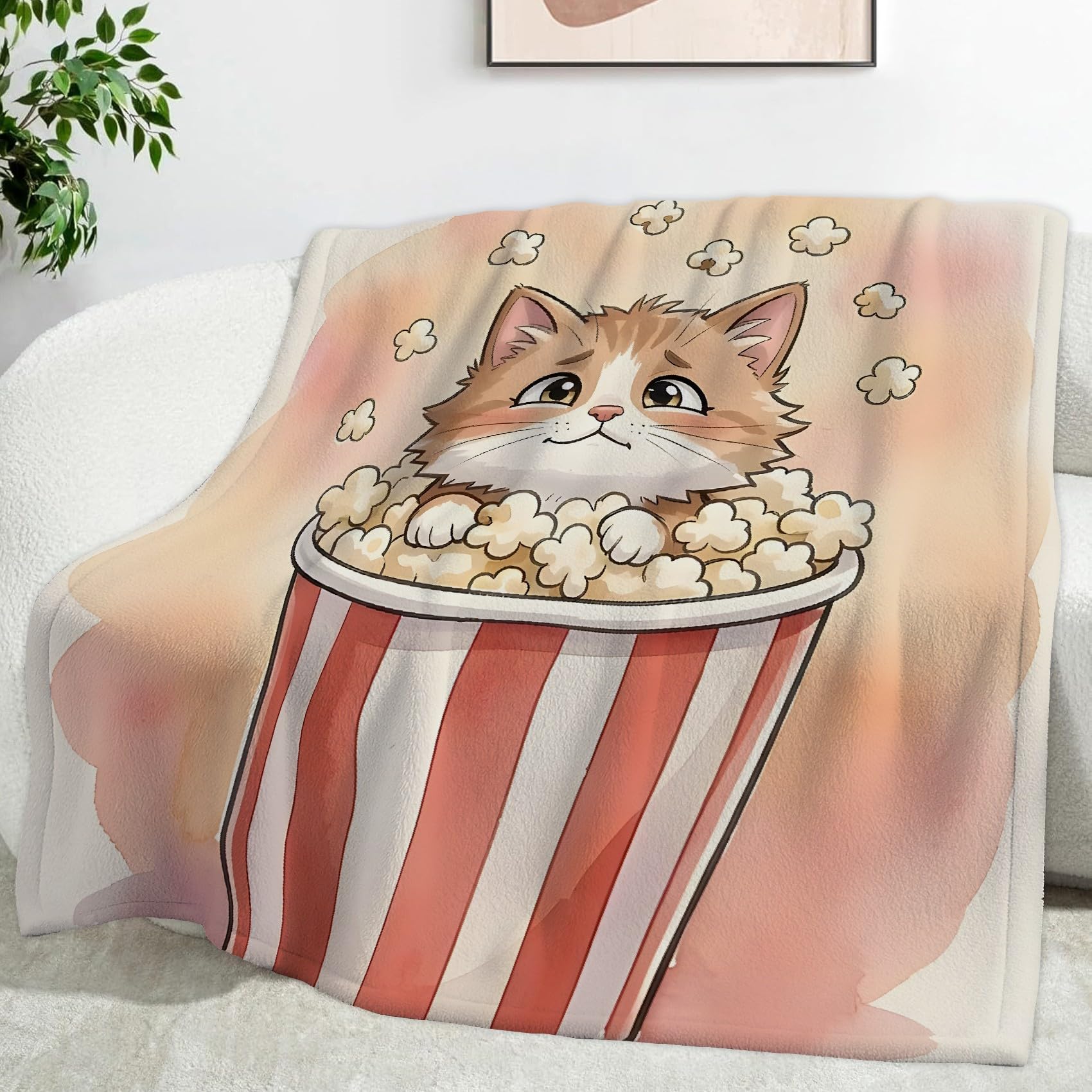 Ypthriline Popcorn Orange Cat Blanket, Watercolor Style Microfiber Flannel Throw Blanket, Comfortable Soft Fluffy and Warm, Blankets for Beds, Sofas and Recliners, 130×150 CM