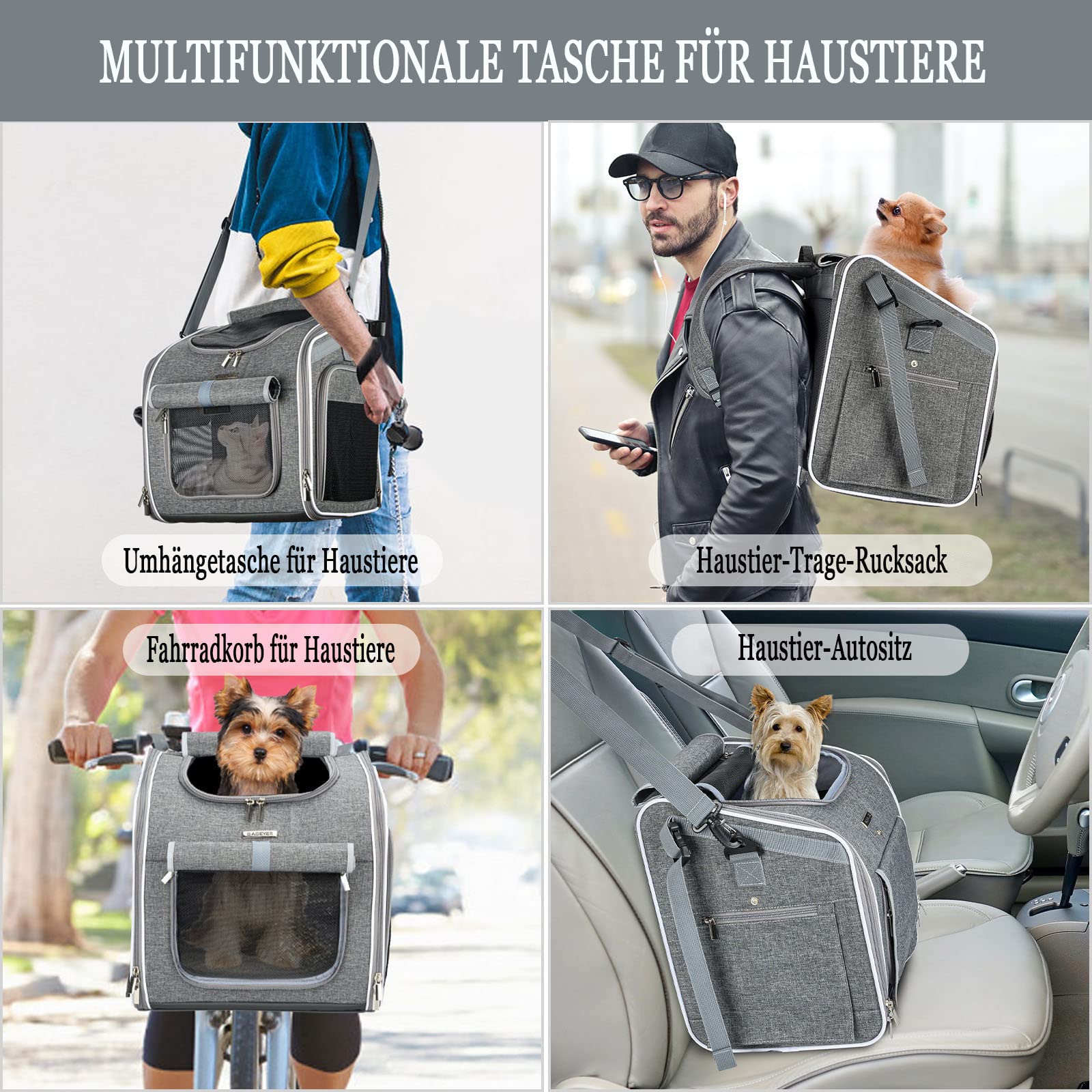 Cesta de bicicleta para perros, extensible, suave, con 4 puertas abiertas, 4 ventanas de malla para cachorros pequeños y gatos - gris