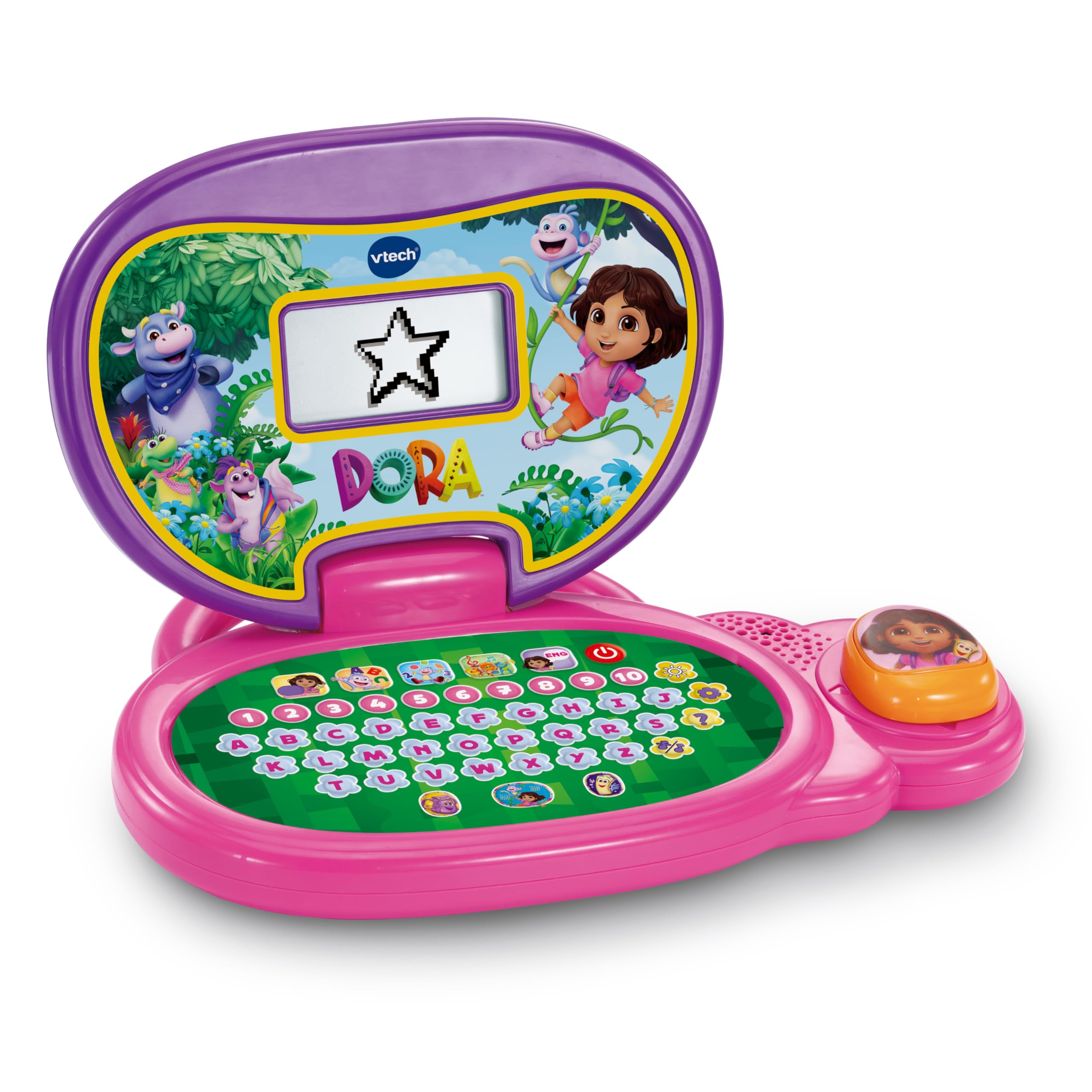 VTech - Mon Ordi Éducatif Dora L’Exploratrice - Ordinateur Enfant Bilingue avec Écran Rétroéclairé, 13 Activités et Jeux Interactifs Dora - Cadeau Enfant Dès 3 Ans - Contenu en Français et Anglais