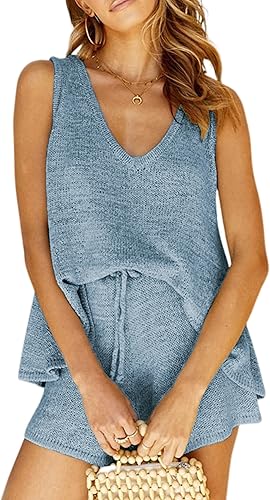 Faleave Women's Two Piece Outfits Knit Sweater Sets V-Neck Sleeveless Tank Top a