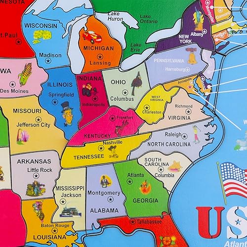 Miniatura 6 de Joqutoys Rompecabezas de madera de mapa de Estados Unidos, rompecabezas de mapa de 46 piezas para niños, rompecabezas educativos de geografía de