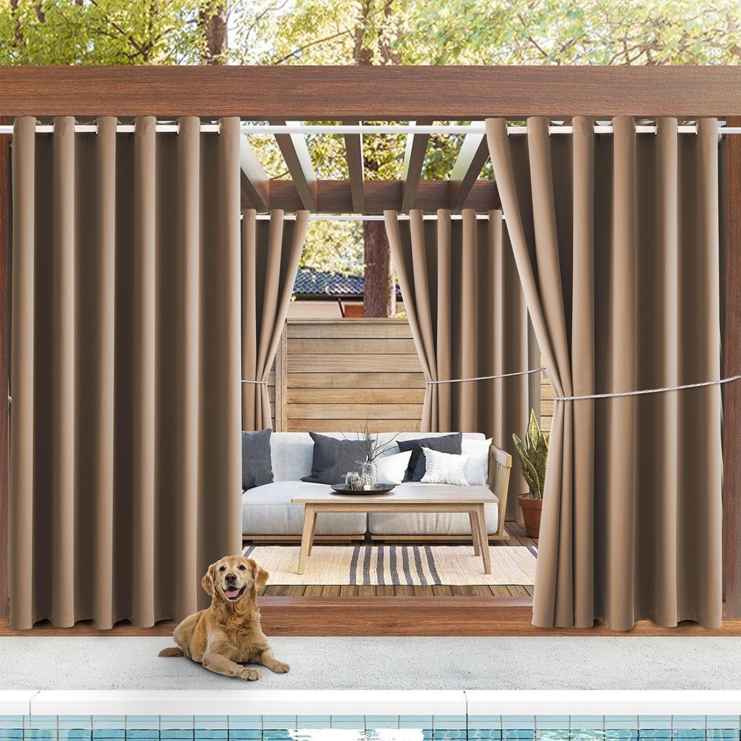 DIVA EN CAMINO DEC Outdoor Patio Curtain Waterproof Darkening Thermal Insulated Indoor Curtains for Bedroom, Porch, Living Room, Pergola, Cabana, W84 x L108, Camel Brown, Set of 2 Panels