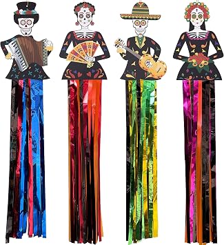 4 Pcs 28" x 5" Day of the Dead Sugar Skull Hanging Decorations | Medium Dia De Los Muertos Hanging Ornaments for Day of the Dead Halloween Party Home Outdoor Decor