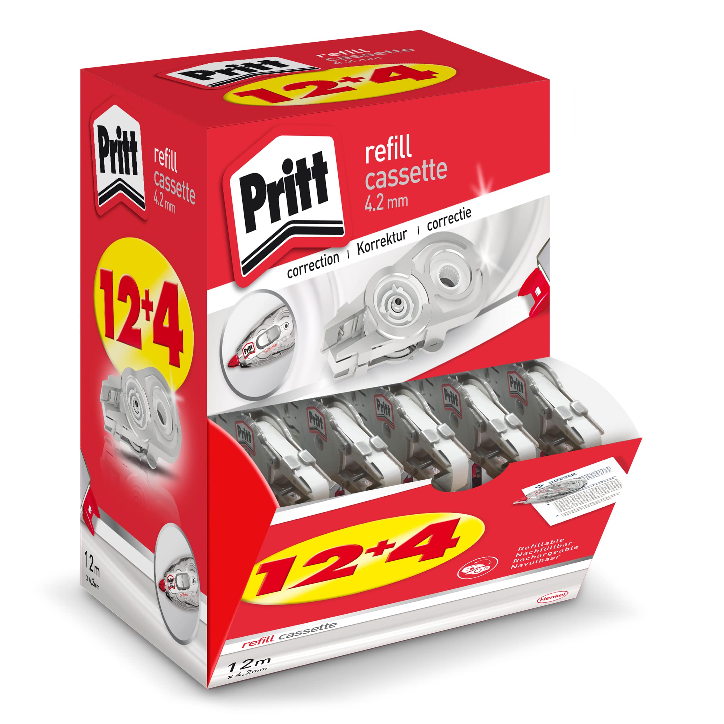 Pritt Nachfüllkassetten für Korrekturroller Refill Flex Roller Midway, 12 + 4 Kassetten im Display, Breite 4,2mm, Länge 12m, flexible und einziehbare Spitze, 9H PRX4M