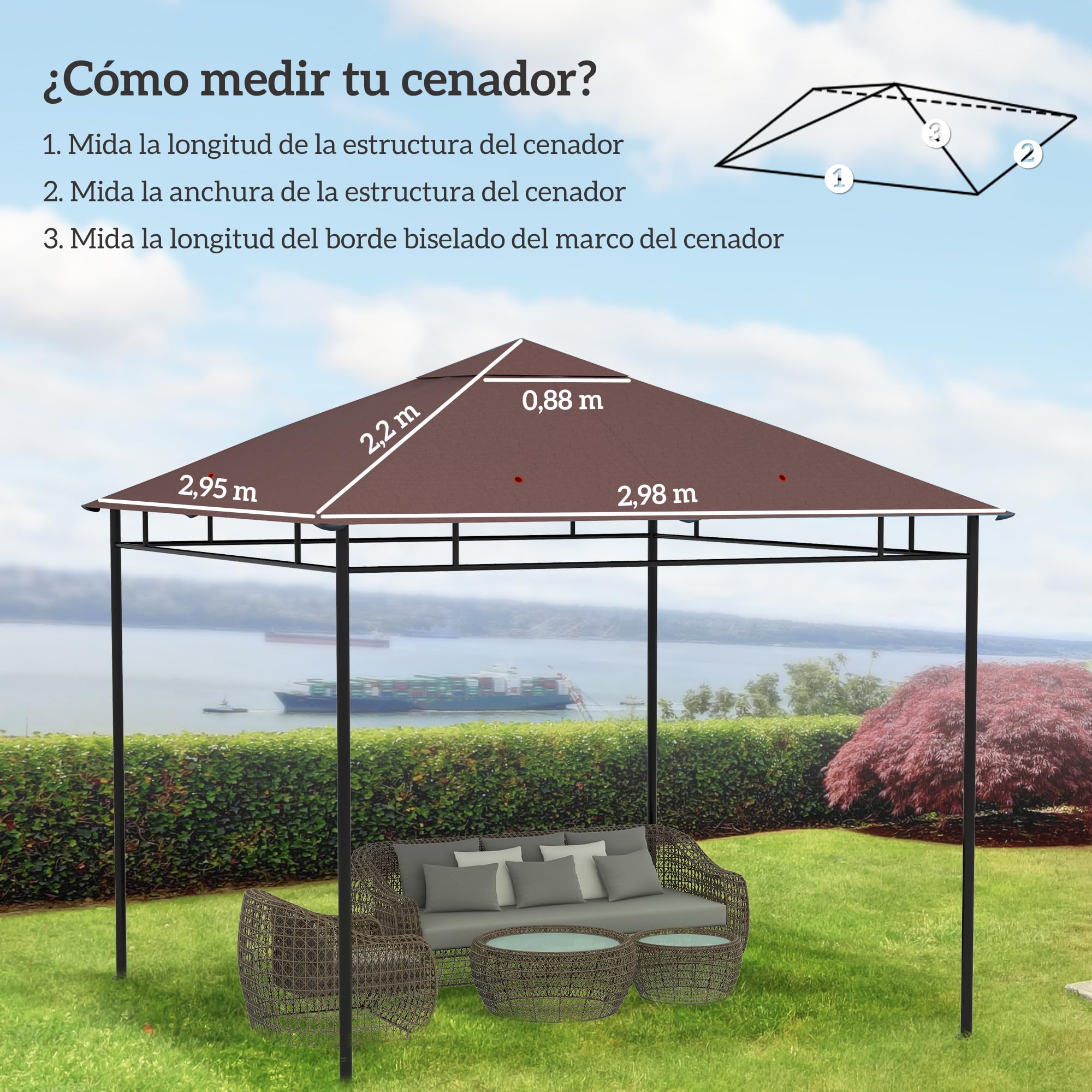 Outsunny Techo de Repuesto para Cenador, 3x3 m, Cubierta de Repuesto con 8 Orificios de Drenaje, Ventilación y Protección UV, Solo Toldo de Recambio para Pabellón Gazebo, Café