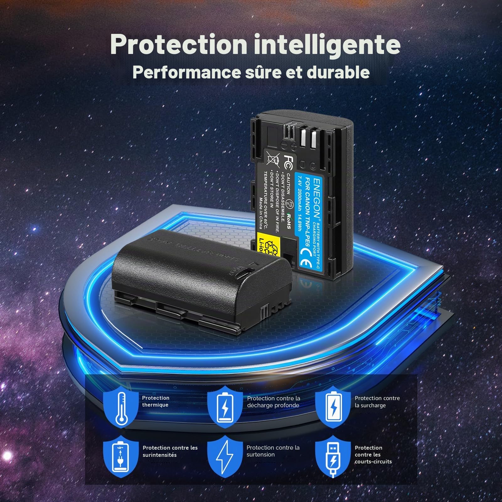 ENEGON LP-E6/LP-E6N Lot de 2 Batteries de Rechange USB-C à Charge directe 2000 mAh pour Canon LP-E6 Akuu, Compatible avec Canon EOS 5D/5D Mark III/5D Mark IV, Canon EOS 6D/6d Mark II, Canon EOS