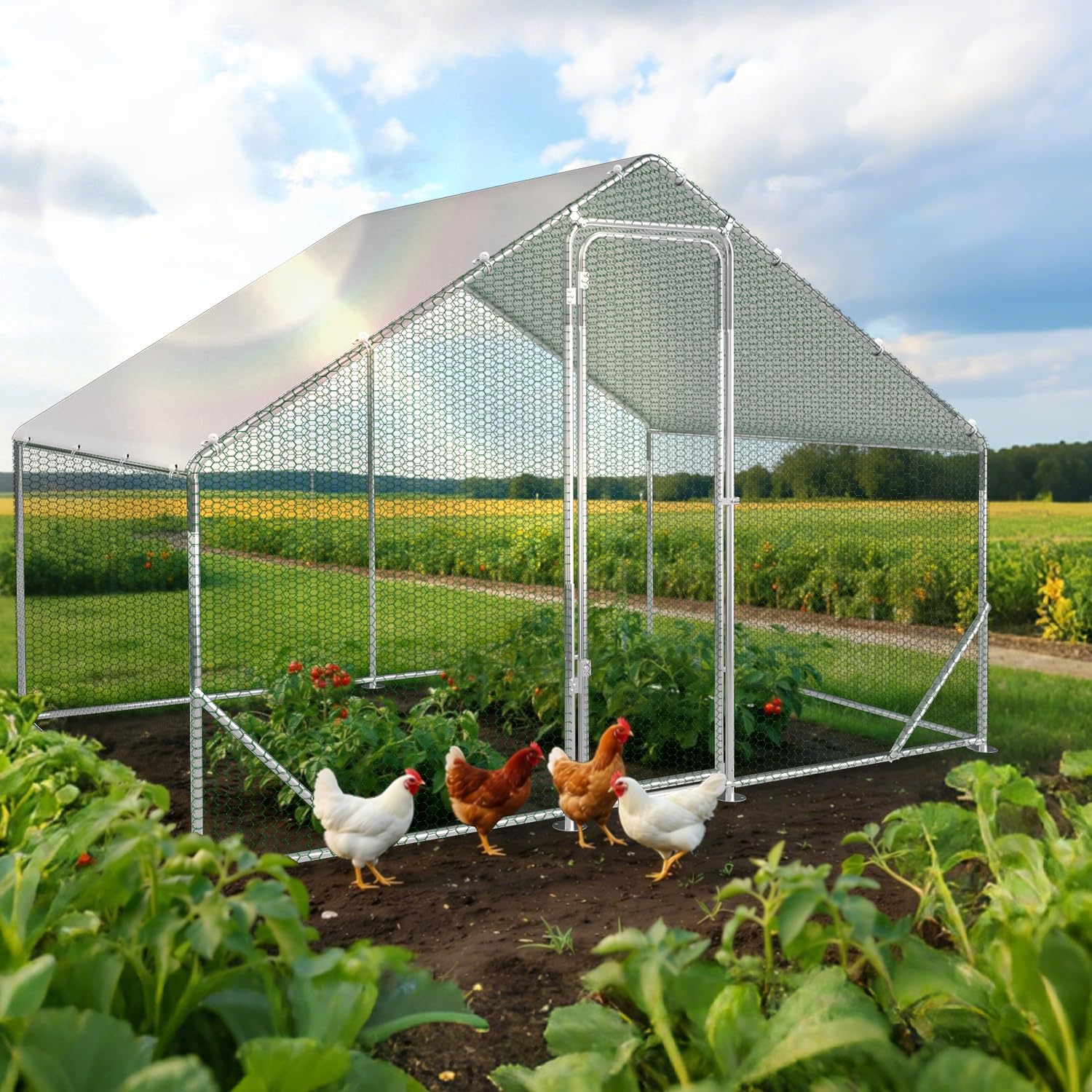Gallinero de 3 x 2 x 2 m, de acero galvanizado, con puerta y cerrojo, para gallinas, conejos, gansos, palomas y codornices, recinto de metal con red
