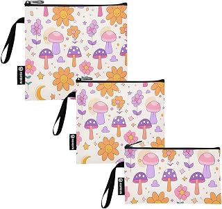 Reusable Sandwich and Snack Bags, Mushroom Flower Pattern for Adults or Lunch, Washable Fabric, Waterproof Cloth Zip Bag, Travel Pouch, Food-Safe Storage 3-pk