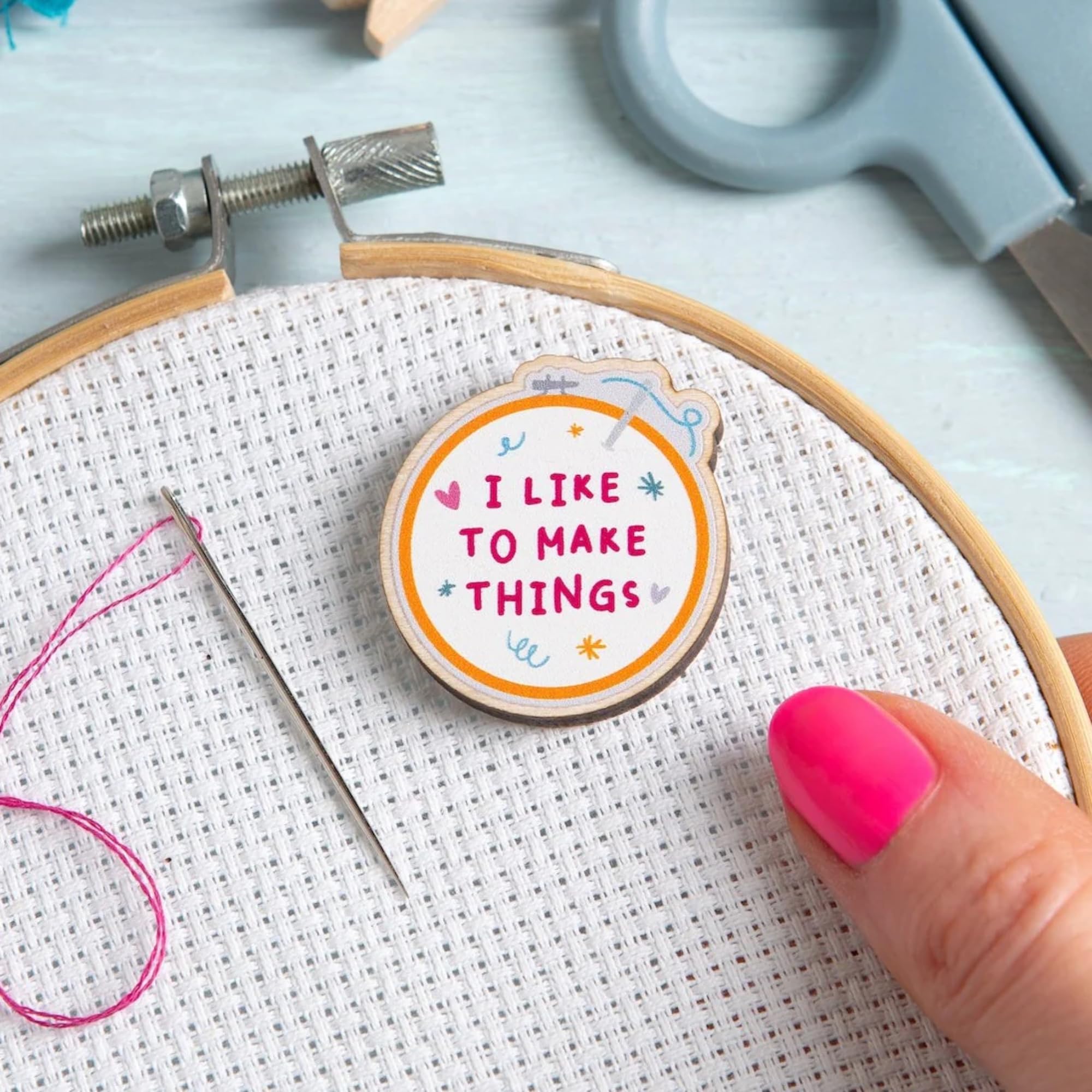 Hawthorn Handmade Needle Minder for Cross Stitch, Embroidery, Sewing & Needlework Accessories. Magnetic Needle Holder, Wooden Stitching Accessory for Holding Needles - 'I Like to Make Things' Design.