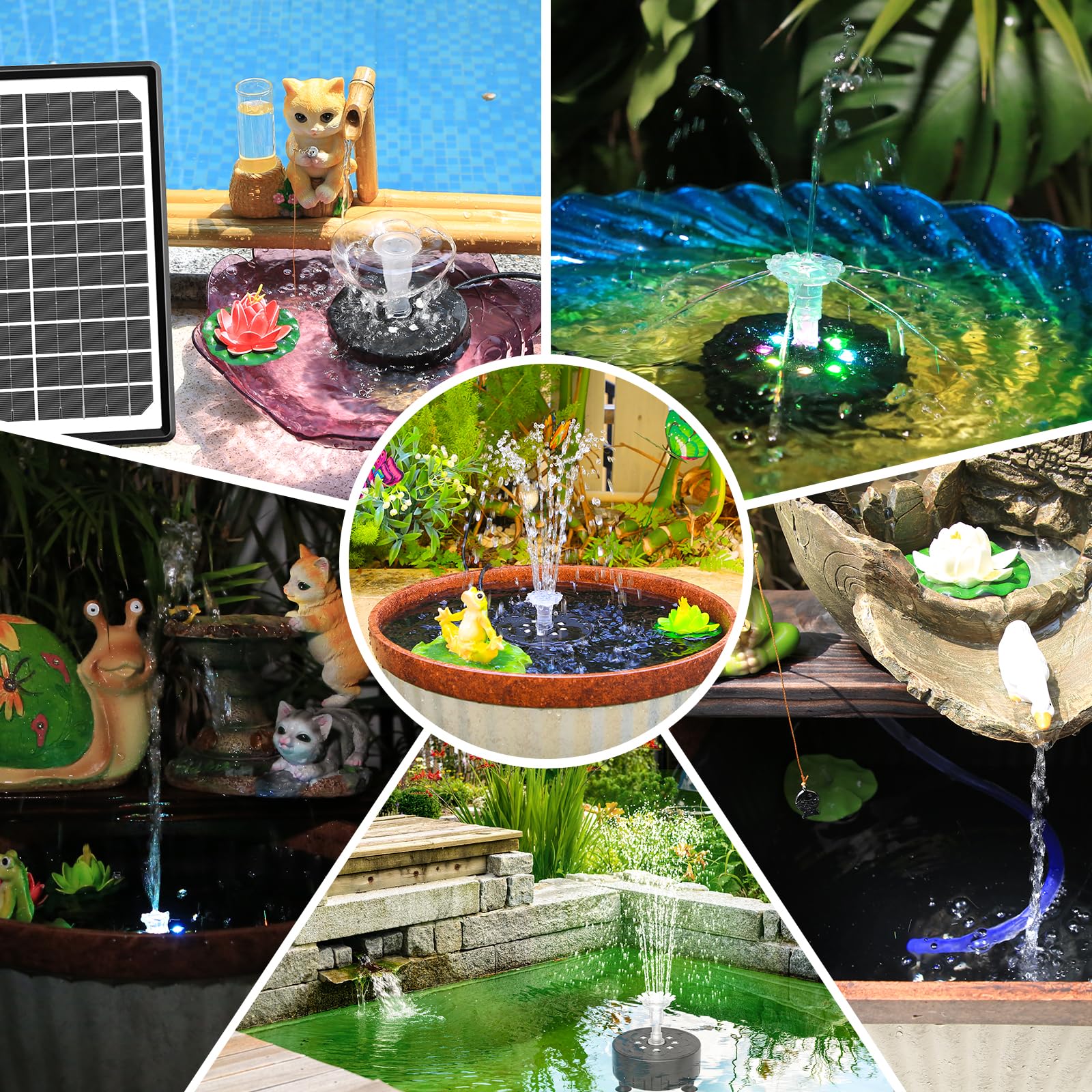 10W LED Fontana Solare per esterni, Pompa Solare per Laghetto fai da | Fontana Solare con Telecomando, pali e Batteria, 21 Effetti, Pompa Solare per Giardino, Abbeveratoio per Uccelli