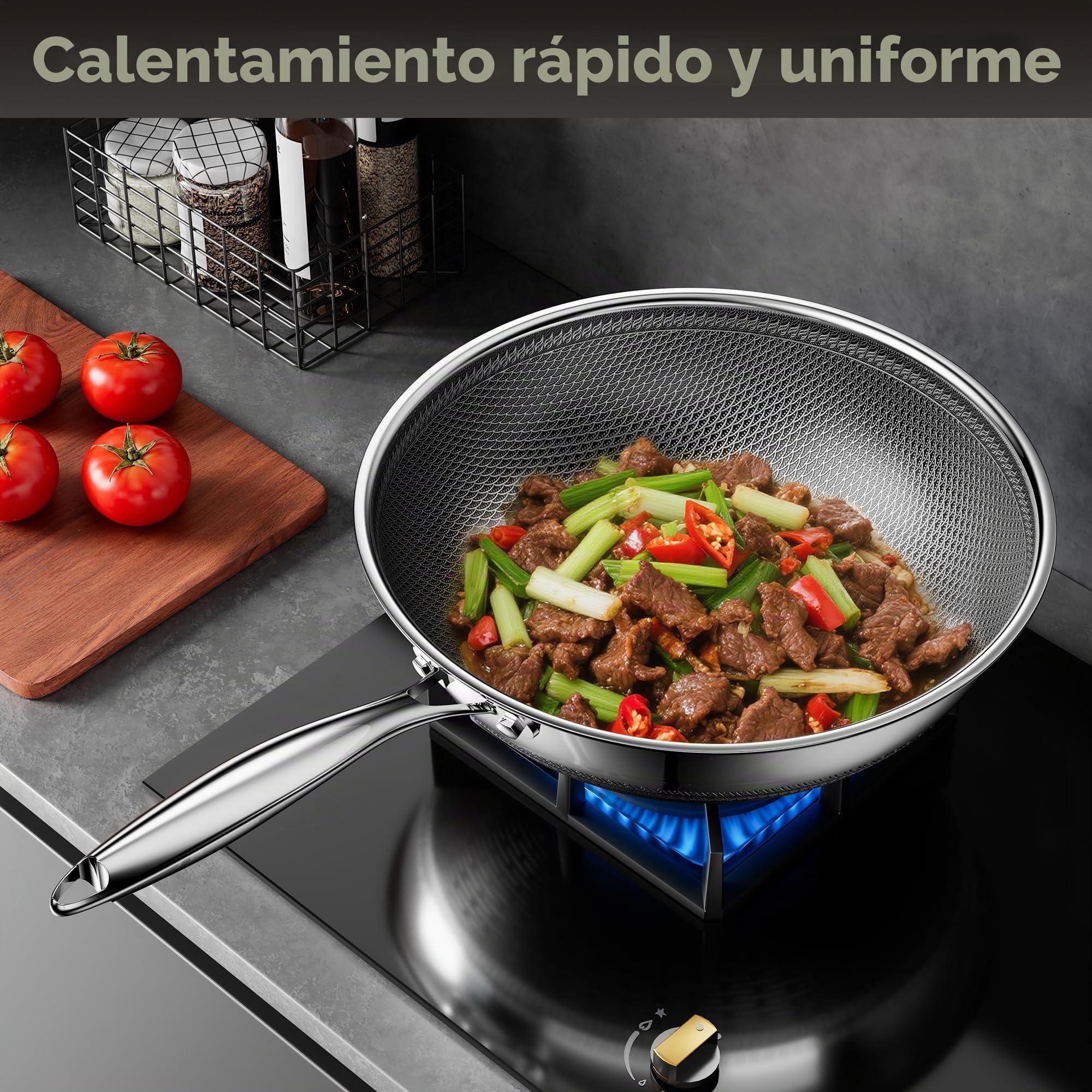 Wok antiadherente con tapa de 30 cm, wok híbrido de acero inoxidable, sartén, mango que se mantiene frío, fácil de limpiar, libre de PFAS PFOA y PTFE, apto para horno hasta 260 °C, apto para