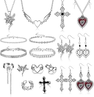 18PCS Punk Goth Grunge Jewelry Set Vintage Knuckle Rings, Gothic Dangle Grunge Earrings, Goth Necklace, Punk Chain Silver Bracelet, Emo Goth Chains For Egirl Vintage Emo Y2K Jewelry