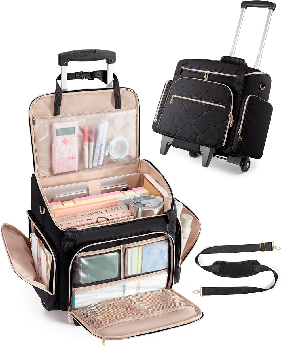 Bolsa con ruedas para profesora con compartimento para portátil de 15,6" para el trabajo | Bolsillo frontal con múltiples ranuras, carrito desmontable y correas para los hombros, resistente al agua, maletín de trabajo para mujer con ruedas (negro)