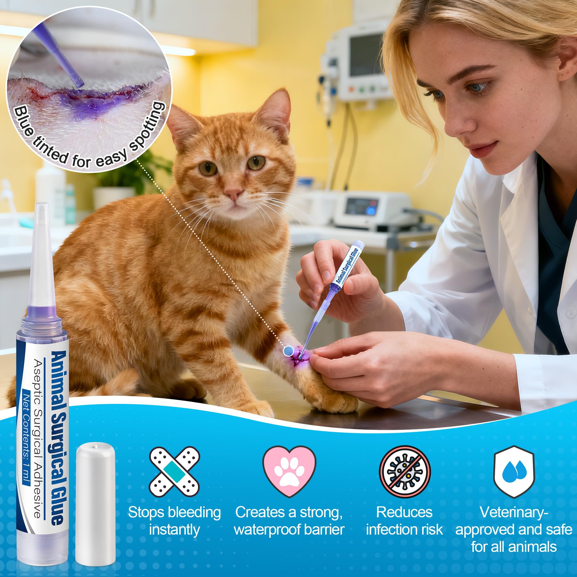 Veterinary Surgical Skin Glue, Strong Surgical Adhesive with 10 Precise Applicators, Blue Tinted Fast Acting Waterproof Wound Closure for Pets Dogs Cats, Pain Free & Stress Free (1 Pack,1ml) — Amazon image 3