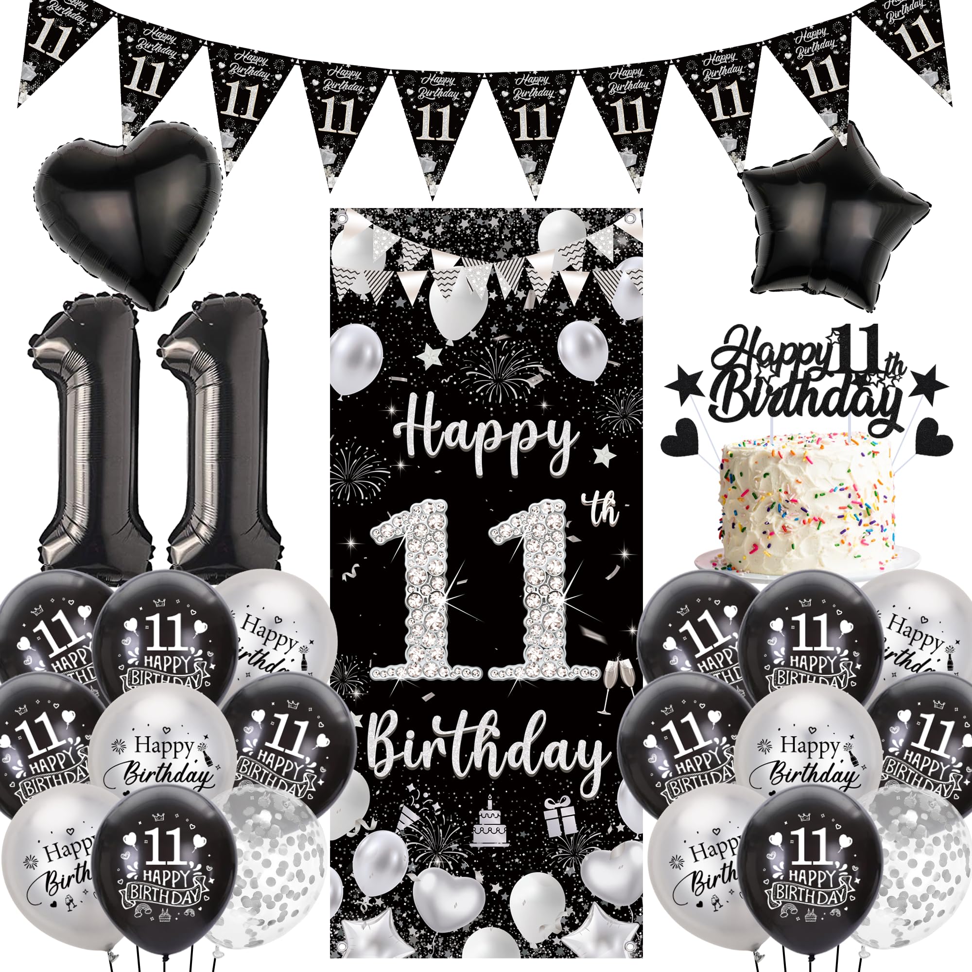 Happy 11th Birthday Party Decorations - Black Silver Door Banner Set with Pennants Bunting, Cake Topper and Foil Balloons for Girls Boys 11 Years Old Party Supplies