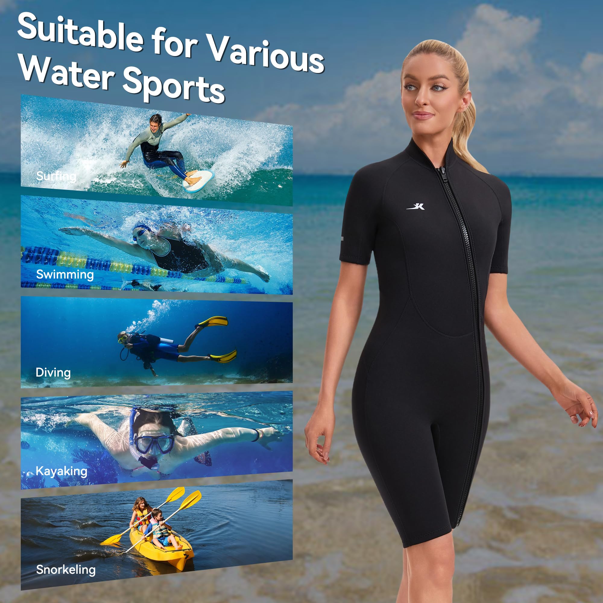 Muta corta da donna in neoprene con cerniera frontale, 2 mm, per nuoto, surf, immersioni