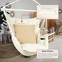 Vista 4 de Silla hamaca colgante con cuerda – Máximo 500 libras – 2 cojines y 1 almohada para el cuello incluida – Barra separadora de acero resistente