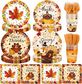 Thanksgiving Party Decorations - 144 Pcs Thanksgiving Tableware Disposable include Turkey Plates and Napkins, Give Thanks Paper Cups,Forks & Knives for Fall Thanks giving Party Supplies