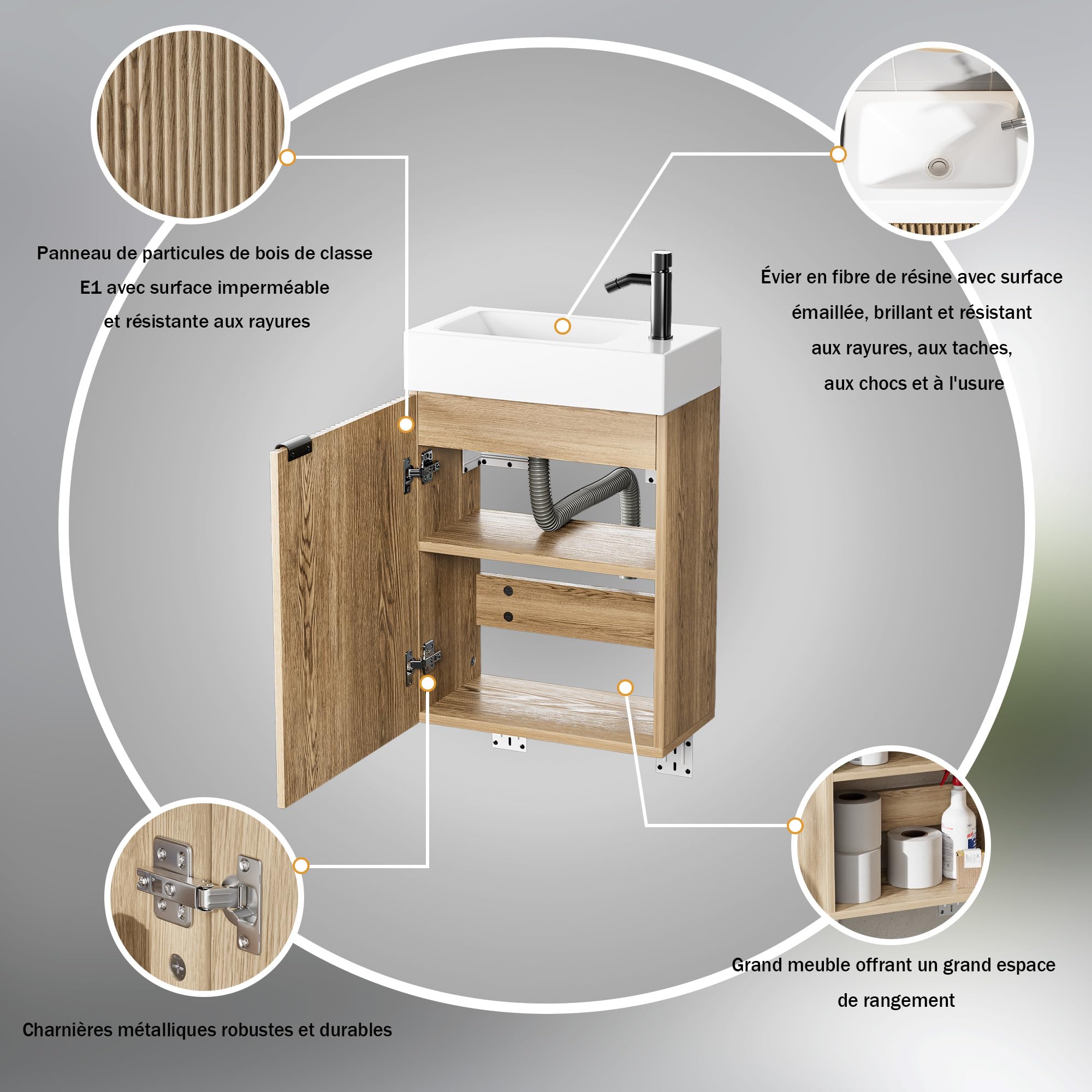 Meuble sous Lavabo Meuble de Rangement pour Salle de Bain Petit Lavabo, Armoire de Salle de Bain, sans robinetterie (Bois Naturel, 40x22x58cm)