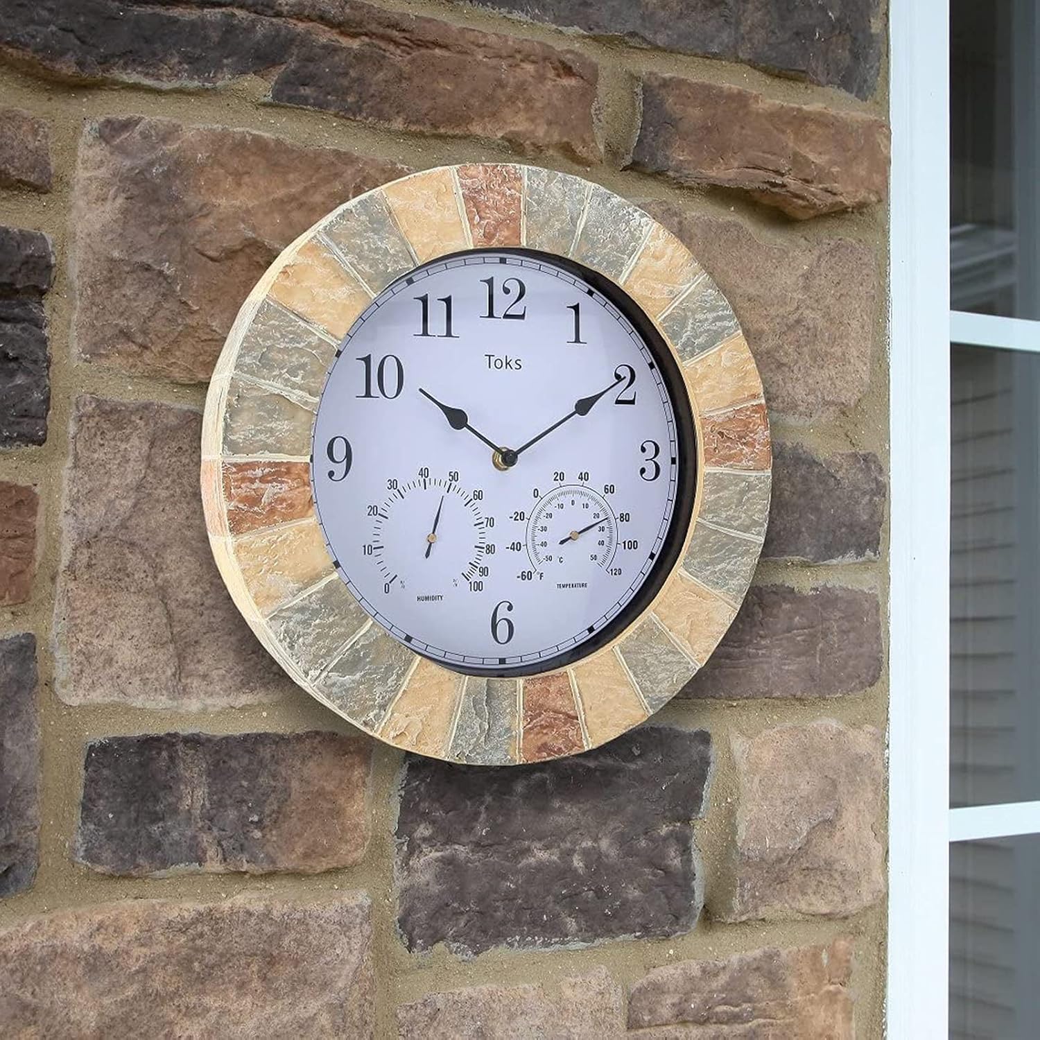 CHENGL Reloj de Pared para Jardín ai Aire Libre,Reloj de Pared para Exteriores de 34cm,Marco de Pizarra Sintética con Termómetro Incorporado, Reloj de Pared Impermeable