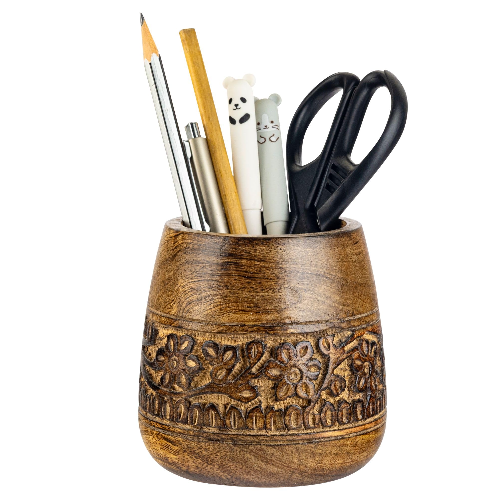 Mie Creations Designer Pencil Holder for Desk Wood | Wooden Pen Stand, Paintbrush Cup, Desk Accessories, Cute Make Up Brush Organizers | Office Desktop Stationery, Christmas Holidays Gift- 4'' Brown