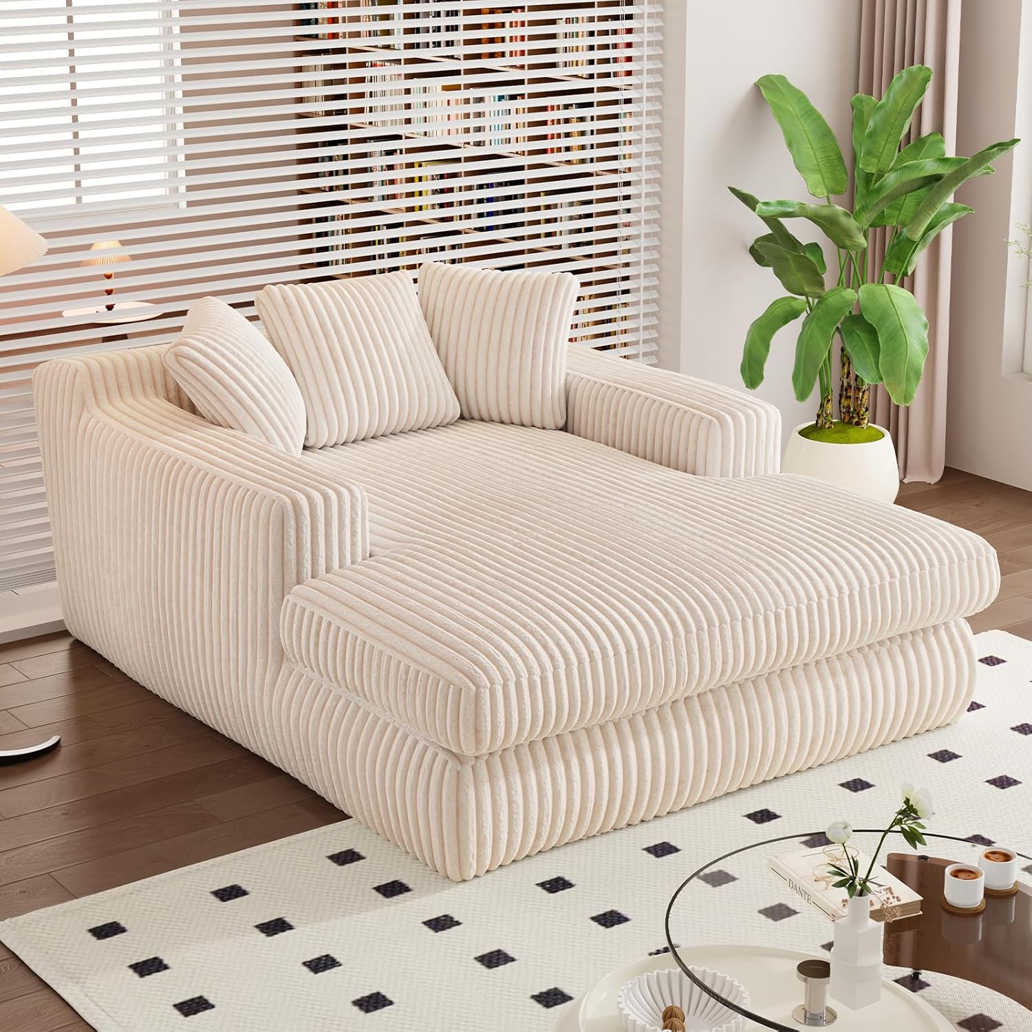 Antetek Oversized Chaise Longue Chair Indoor, Modern 53-inch Upholstered Corduroy Deep Seat Single Cloud Lounge Floor Sofa Couch for Living Room, Bedroom Apartment, Beige