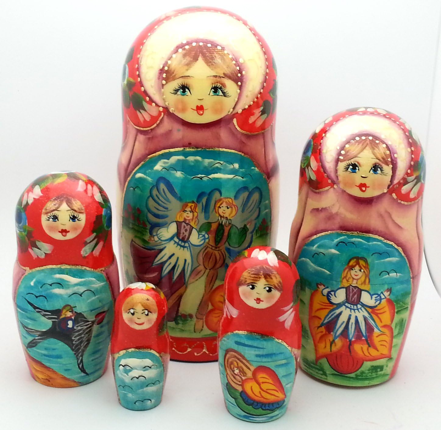 Thumbelina Fairy Tale Russian Hand Carved Hand Painted Nesting 5 Piece Doll Set / 7"