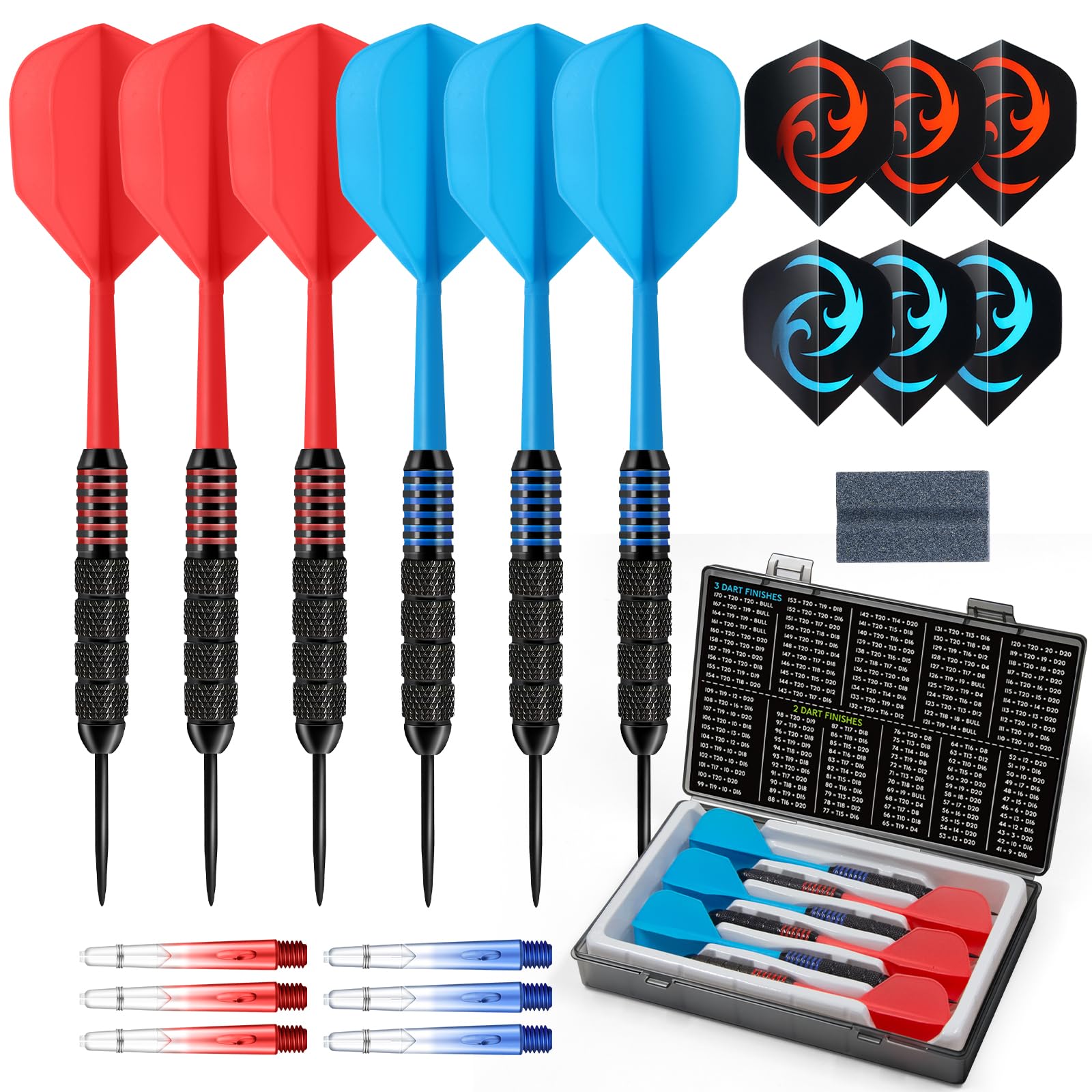HUANQU 6 Pack Steel Tip Darts,Professional 24 Grams Metal Dart Set，6 Extra Flights & Shafts, Dart Sharpener, Dart Storage Box, Integrated Dart Flights and Shafts ，Beginner or Professional Darts