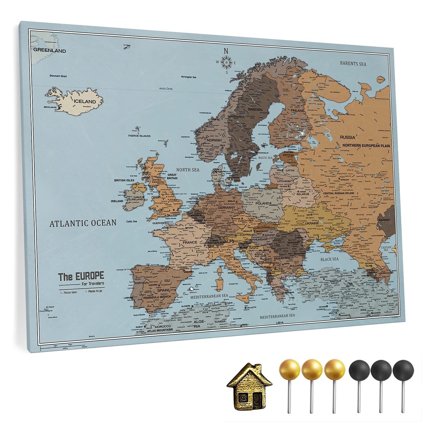 Canvas mapa Europy z korkiem pinboard do przypinania celów podróży - Dekoracja ścienna do każdego pomieszczenia - obrazy canvas z mapą Europy w różnych rozmiarach (85x60 cm, Entwurf 3)