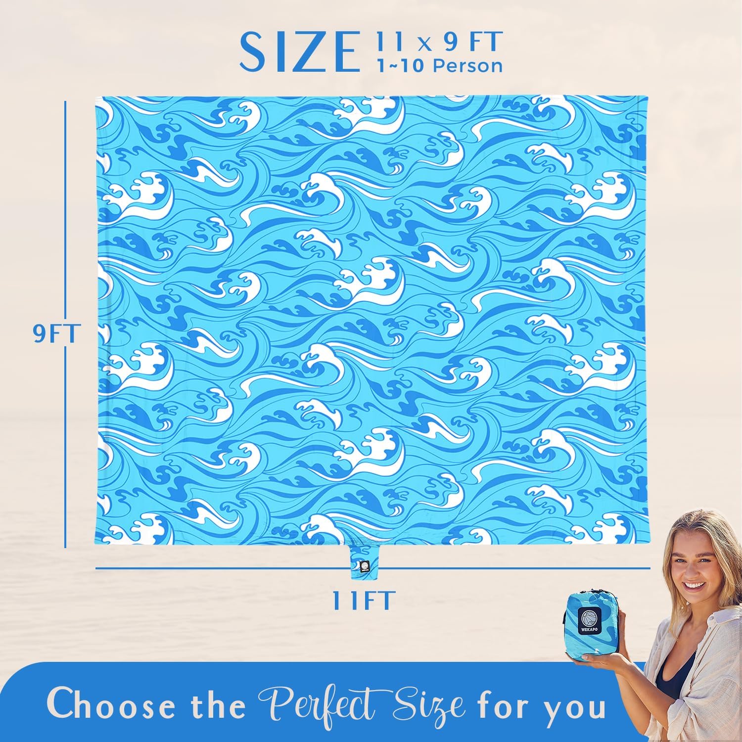 WEKAPO Beach Blanket Waterproof Sandproof Oversized Extra Large Sand Free Beach Mat with Stakes, Storage Bag - Essentials for Outdoor Beach, Picnic (Blue Ocean Waves, 11 X 9 FT (1~10 Person)) - Image 3