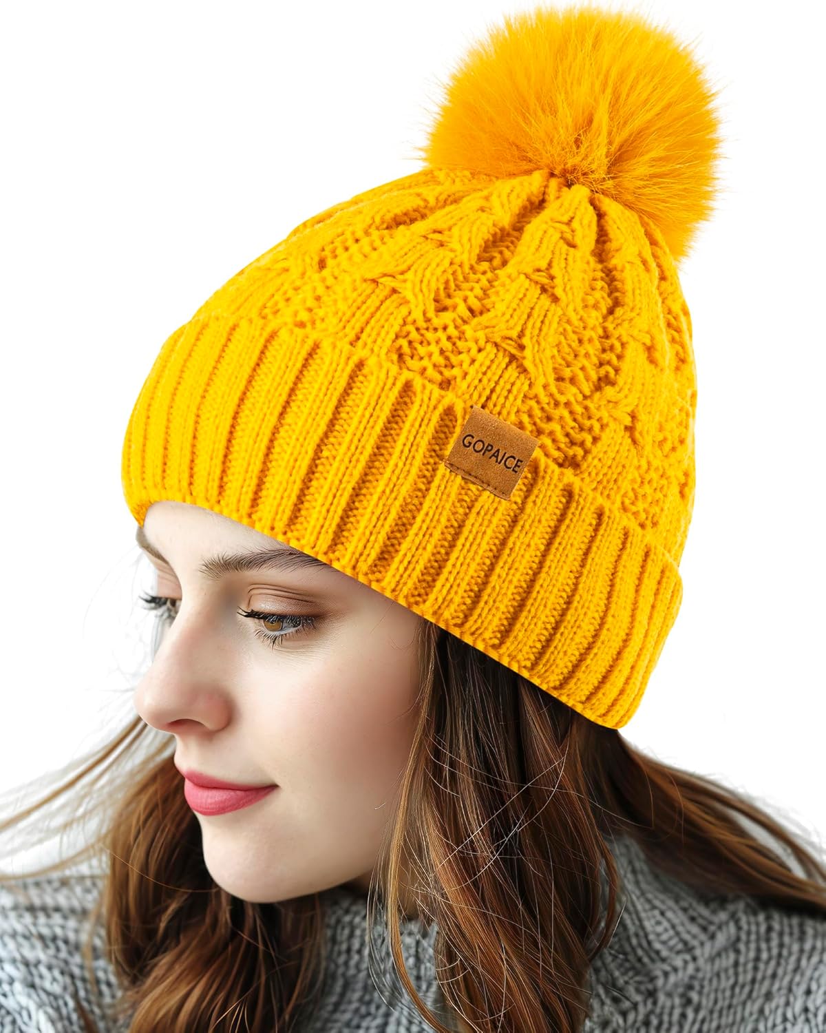 Womens Winter Knitted Beanie Hat,Warm Fleece Lined Soft Chunky Trendy Ski Cap with Cute Pom Pom - Image 2